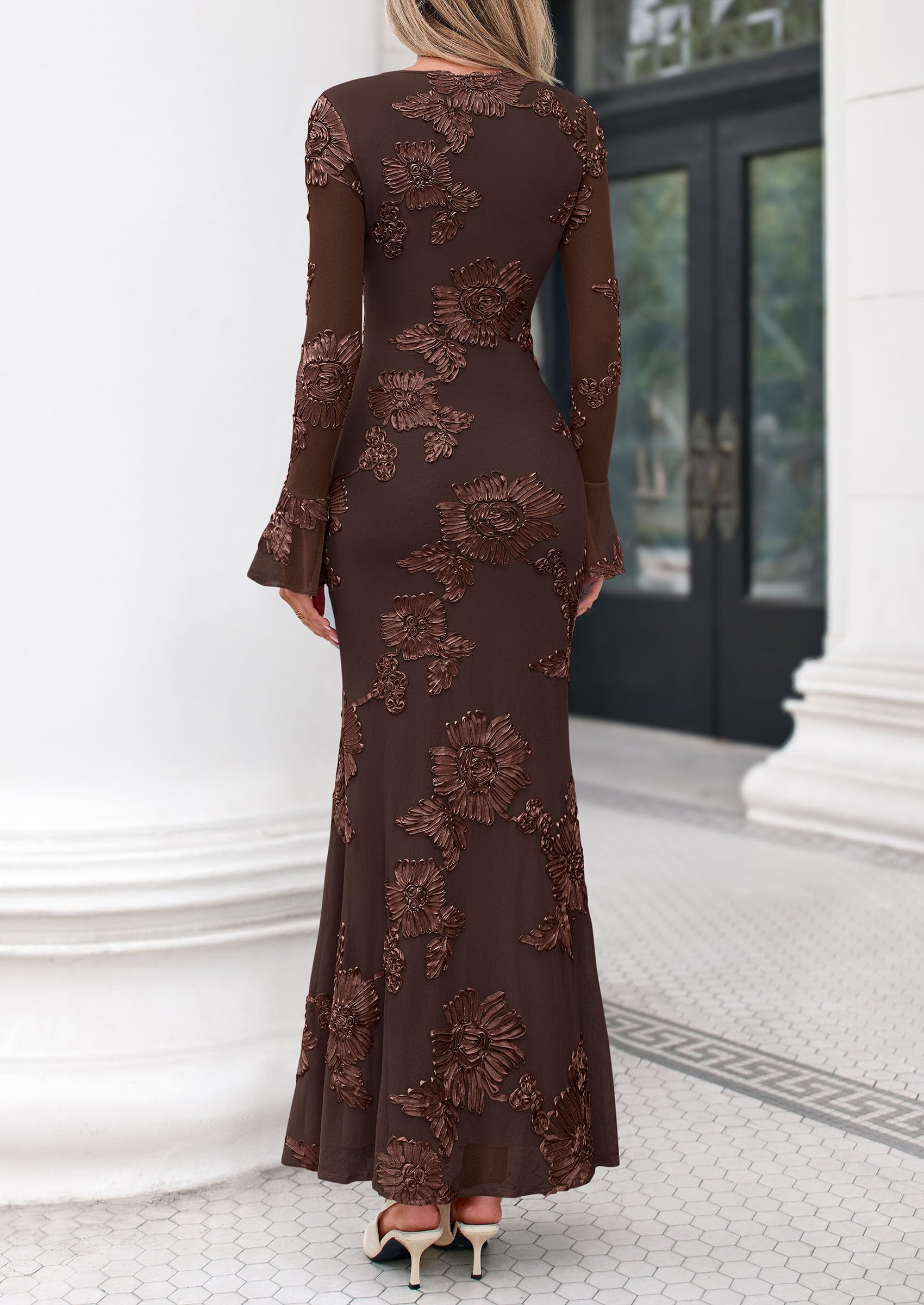 PRETTYGARDEN Women's Formal Floral Maxi Bodycon Dresses Ruffle Long Sleeve, Fall Winter Outfits 2026 for Wedding Guest, Homecoming & Cocktail, Slimming Mesh Dress with Lining