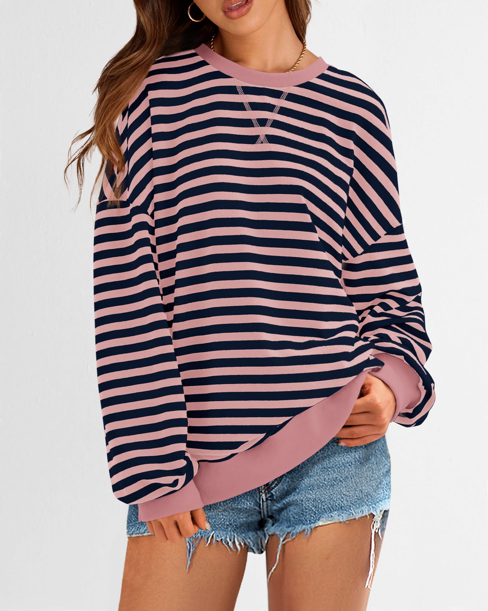 BTFBM Sweatshirt For Women Summer Crewneck Long Sleeve Oversized Striped Pullover Tops Y2K Clothes Workout Shirt