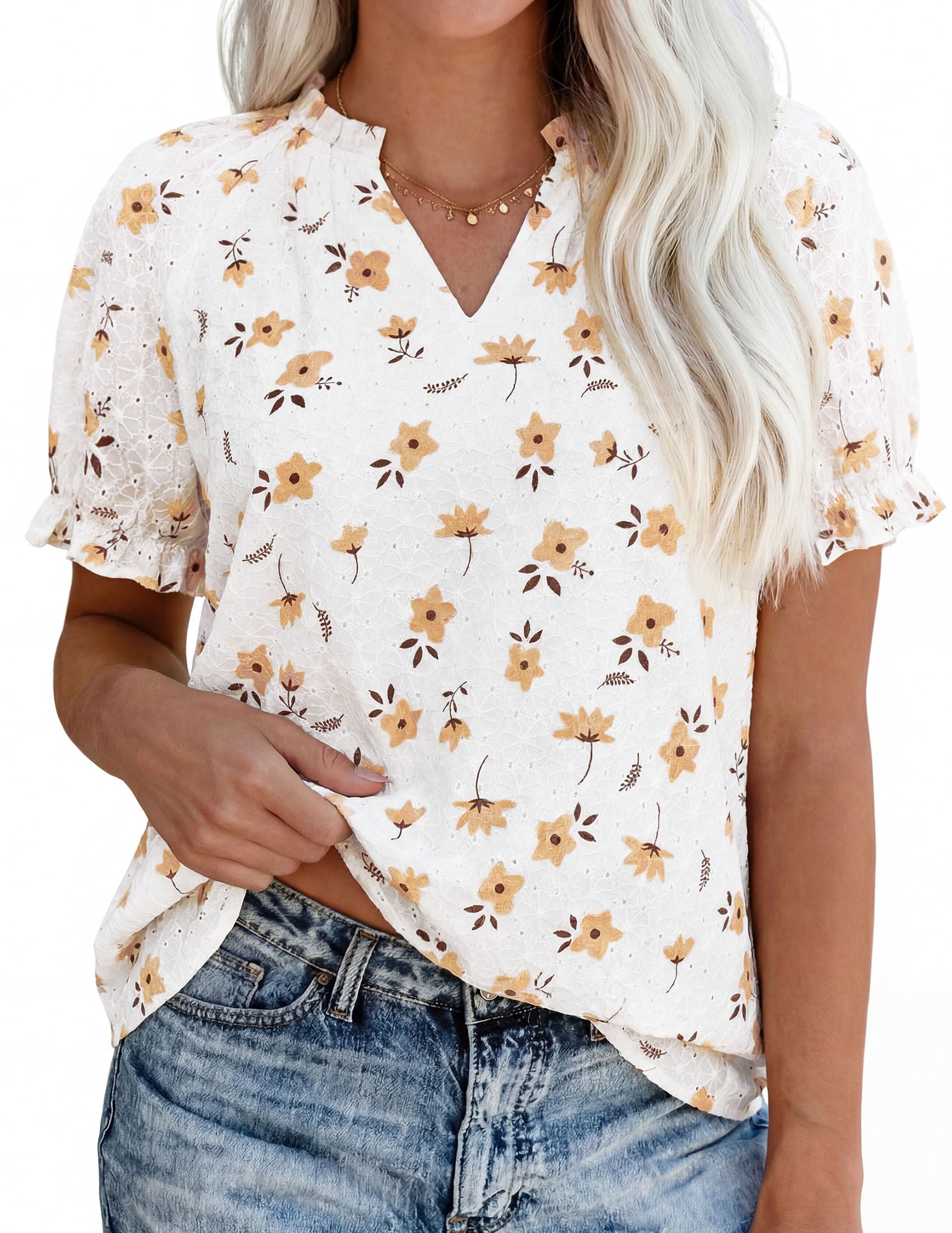 PRETTYGARDEN Summer Short Sleeve V Neck Shirts for Women Trendy Floral Print Loose Ruffle Tops Business Casual Blouses