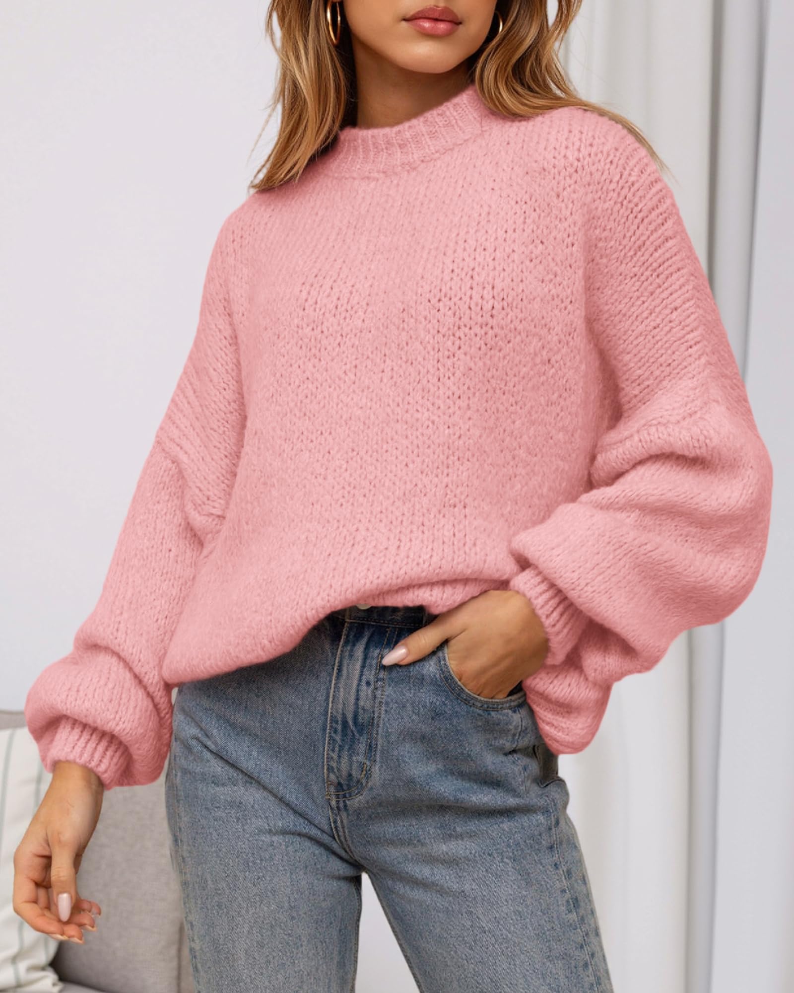 BTFBM Sweaters for Women Fall Crew Neck Lantern Long Sleeve Oversized Sweater Casual Knit Winter Pullover Tops