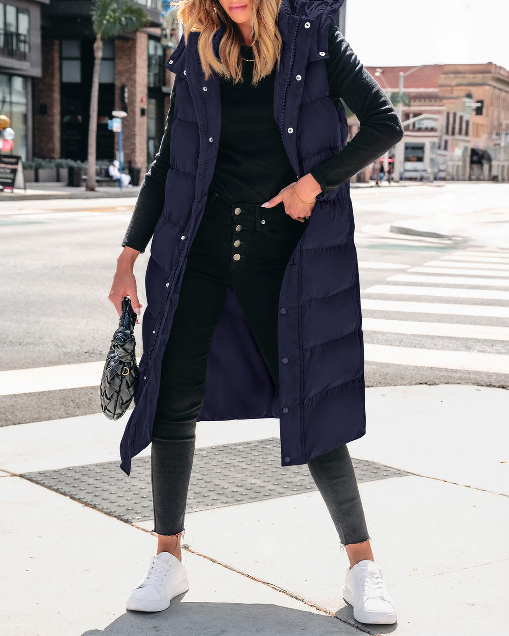 BTFBM Long Puffer Vest Women Quilted Hooded Button Down Zip Up Sleeveless Vests Outerwear Padded Jacket Fall Winter Coat
