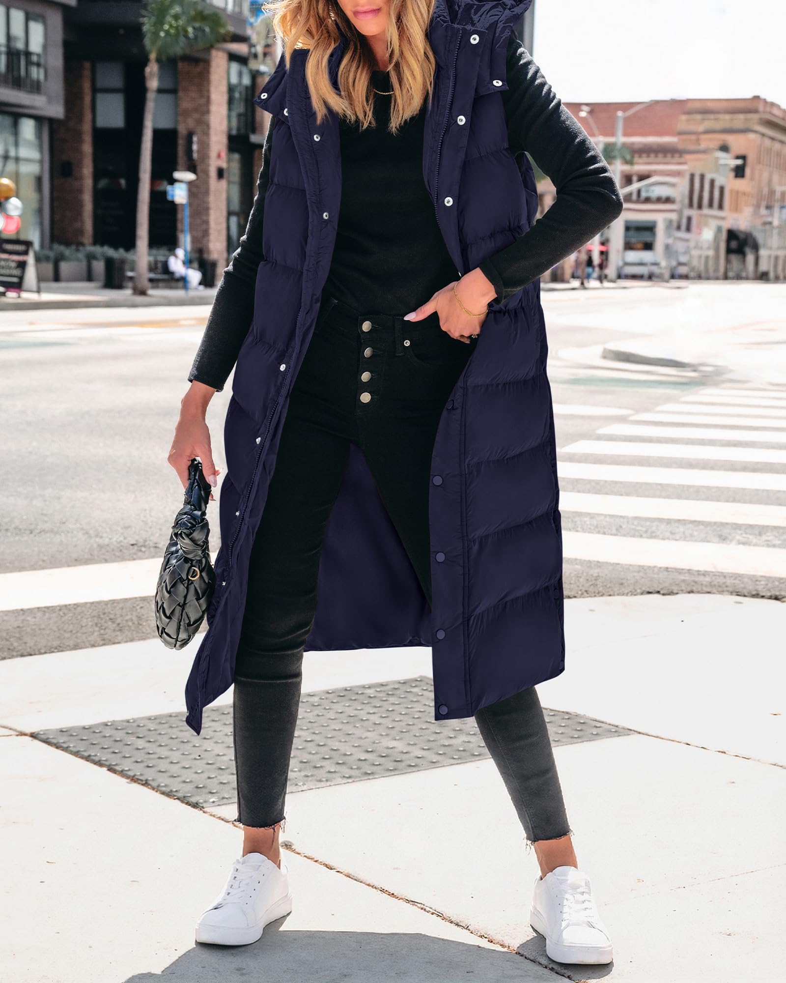BTFBM Long Puffer Vest Women Quilted Hooded Button Down Zip Up Sleeveless Vests Outerwear Padded Jacket Fall Winter Coat