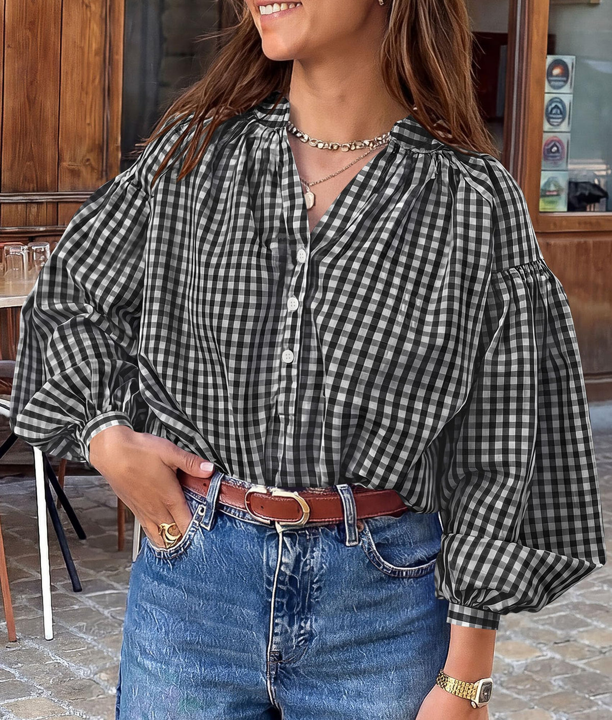 PRETTYGARDEN Women Fall Plaid Long Puff Sleeve Shirts V Neck Casual Blouses Gingham Button Down Oversized, Pleated Drop Shoulder Cotton Tops, Dressy Casual, Work Vacation Travel, Fall Outfits Trendy