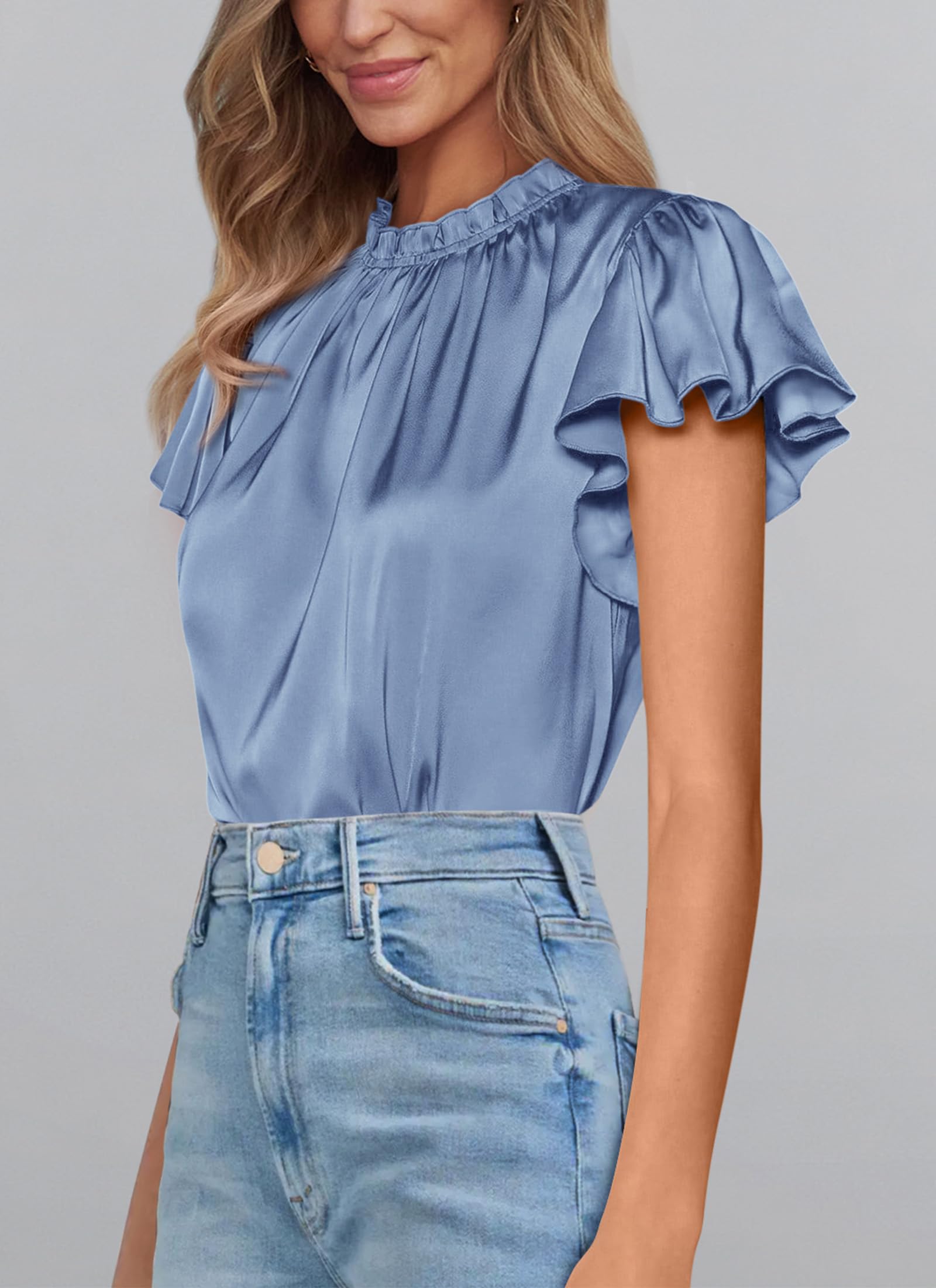 PRETTYGARDEN Business Casual Tops for Women Blouses Dressy  Summer Short Sleeve Ruffle Satin Work Office Attire