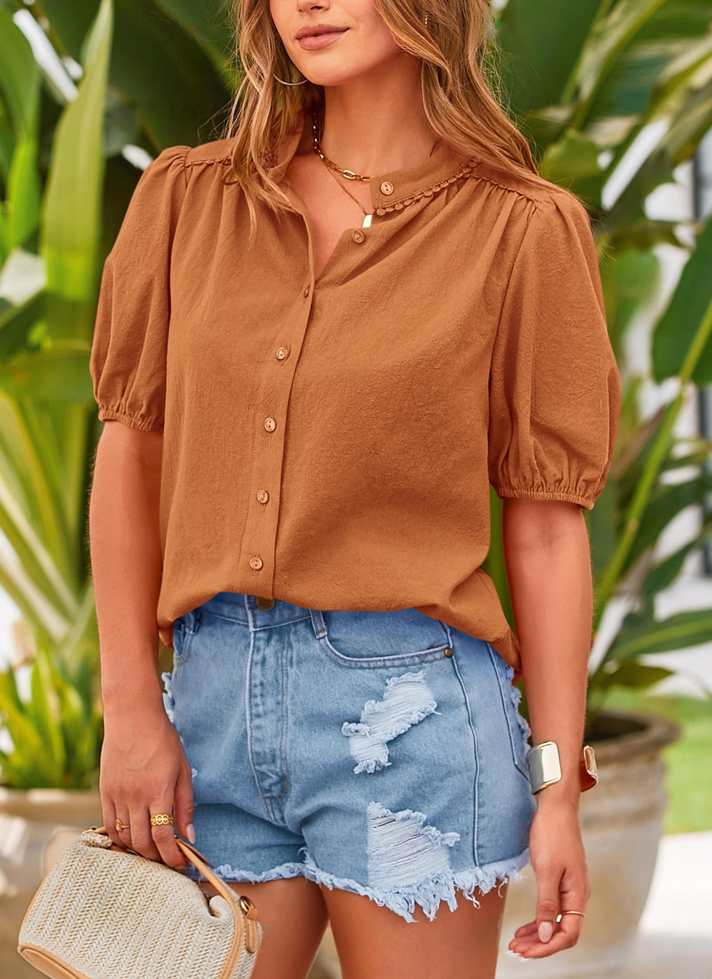 PRETTYGARDEN Women's Summer Button Down Shirts Short Lantern Sleeve V Neck Cotton Cute Dressy Casual Ladies Tops Blouses