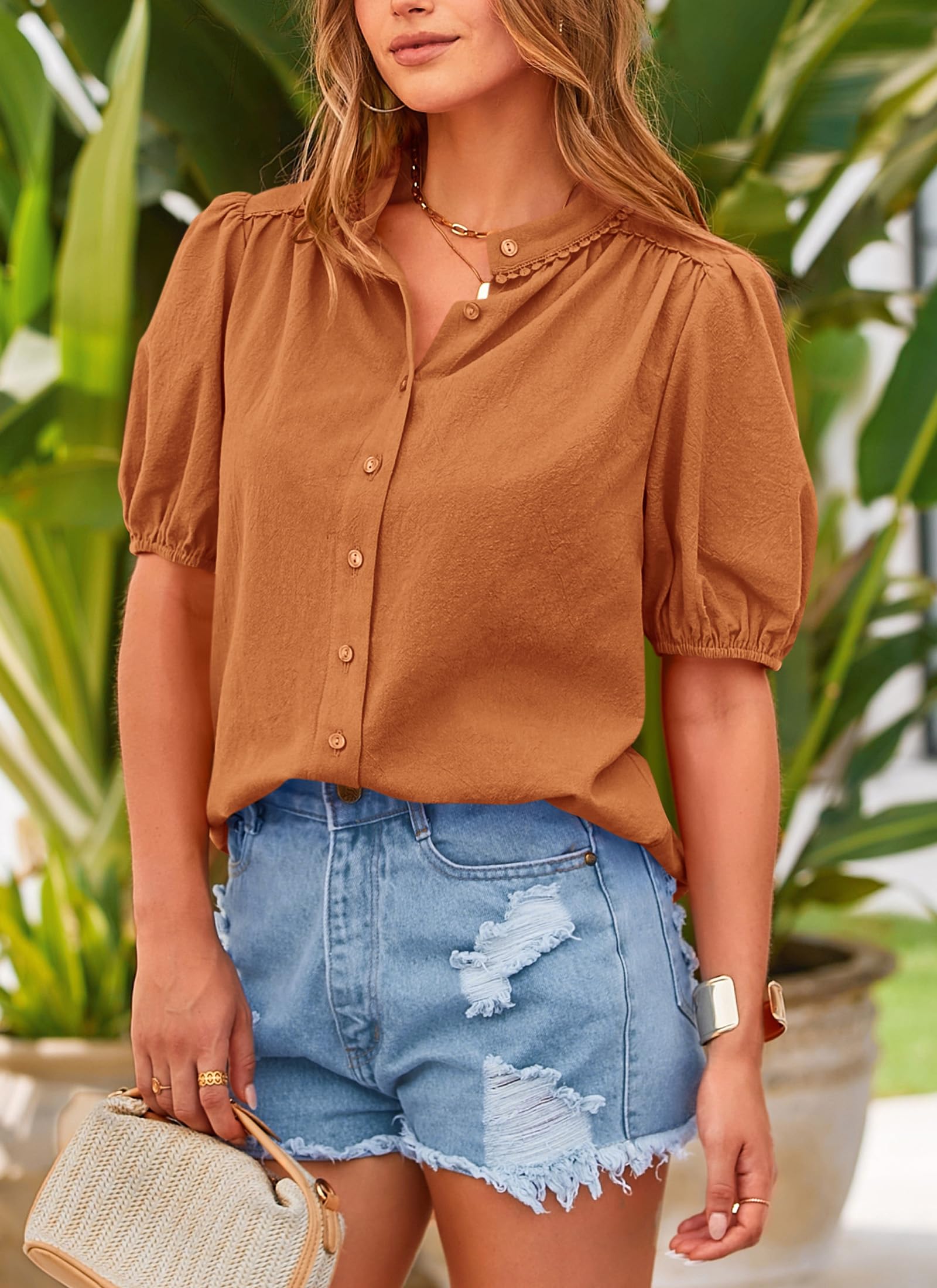 PRETTYGARDEN Women's Summer Button Down Shirts Short Lantern Sleeve V Neck Cotton Cute Dressy Casual Ladies Tops Blouses