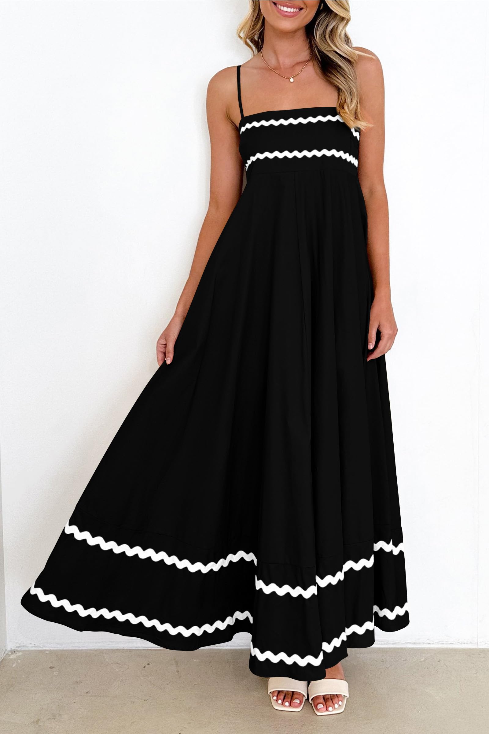 PRETTYGARDEN Women's Summer Flowy Maxi Dress Casual Sleeveless Spaghetti Strap Ruffle Beach Long Dresses