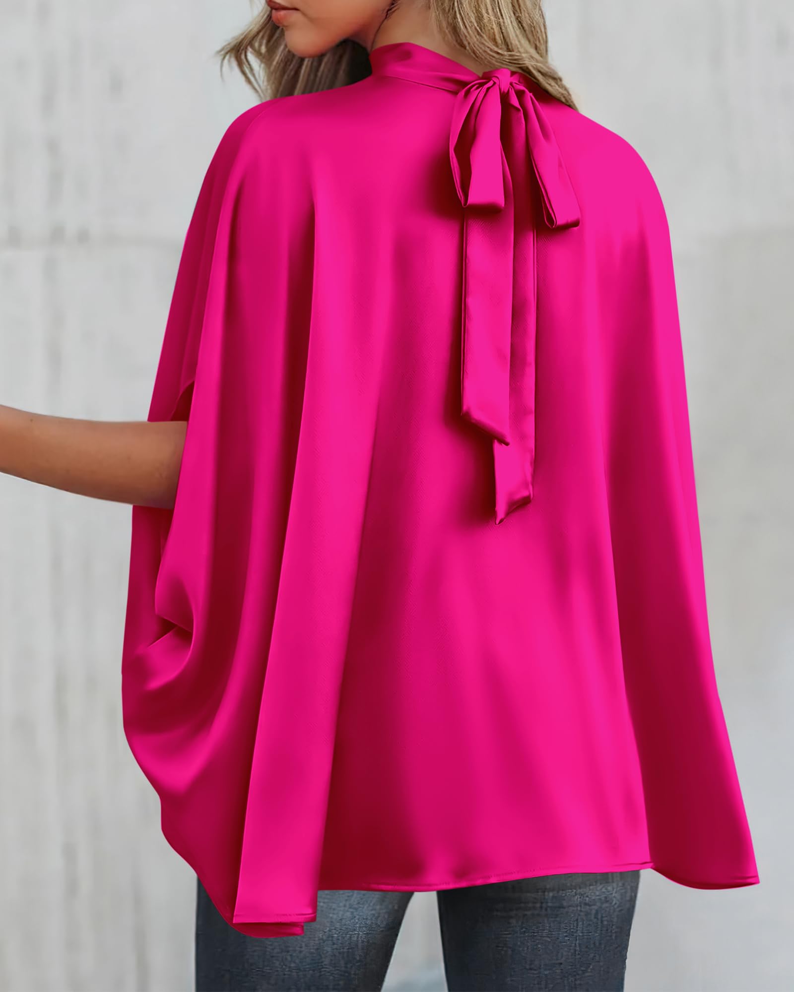 BTFBM Womens Summer Tops Mock Neck Batwing Sleeve Silk Satin Shirts Loose Oversized Dressy Casual Spring Blouses