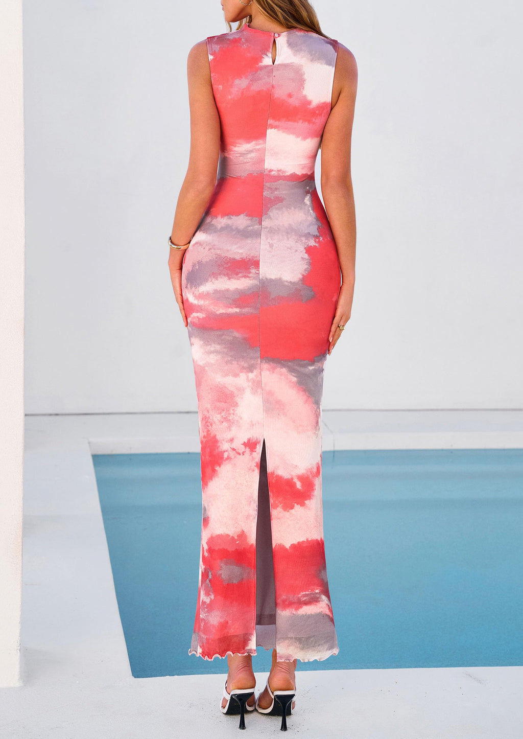 PRETTYGARDEN Summer Dresses for Women  Sleeveless Bodycon Maxi Spring Mock Neck Tie Dye Mesh Cocktail Going Out Dress