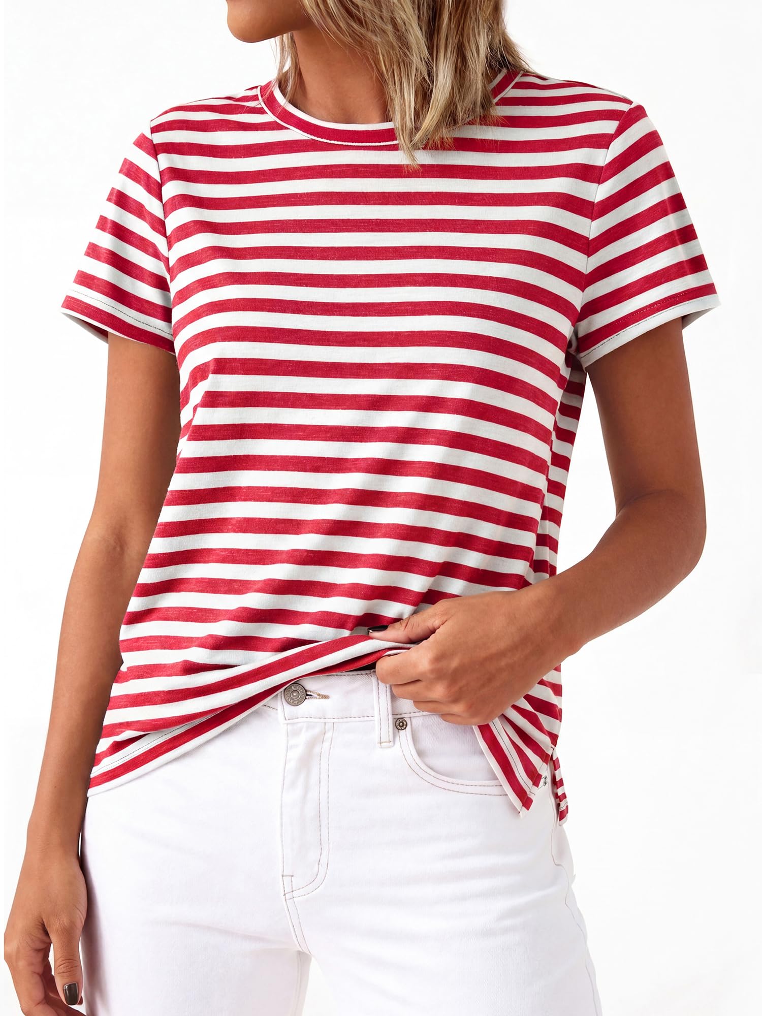 BTFBM Tops for Women Trendy Summer Crew Neck Short Sleeve T Shirts Striped Casual Vacation Blouse Basic Tee
