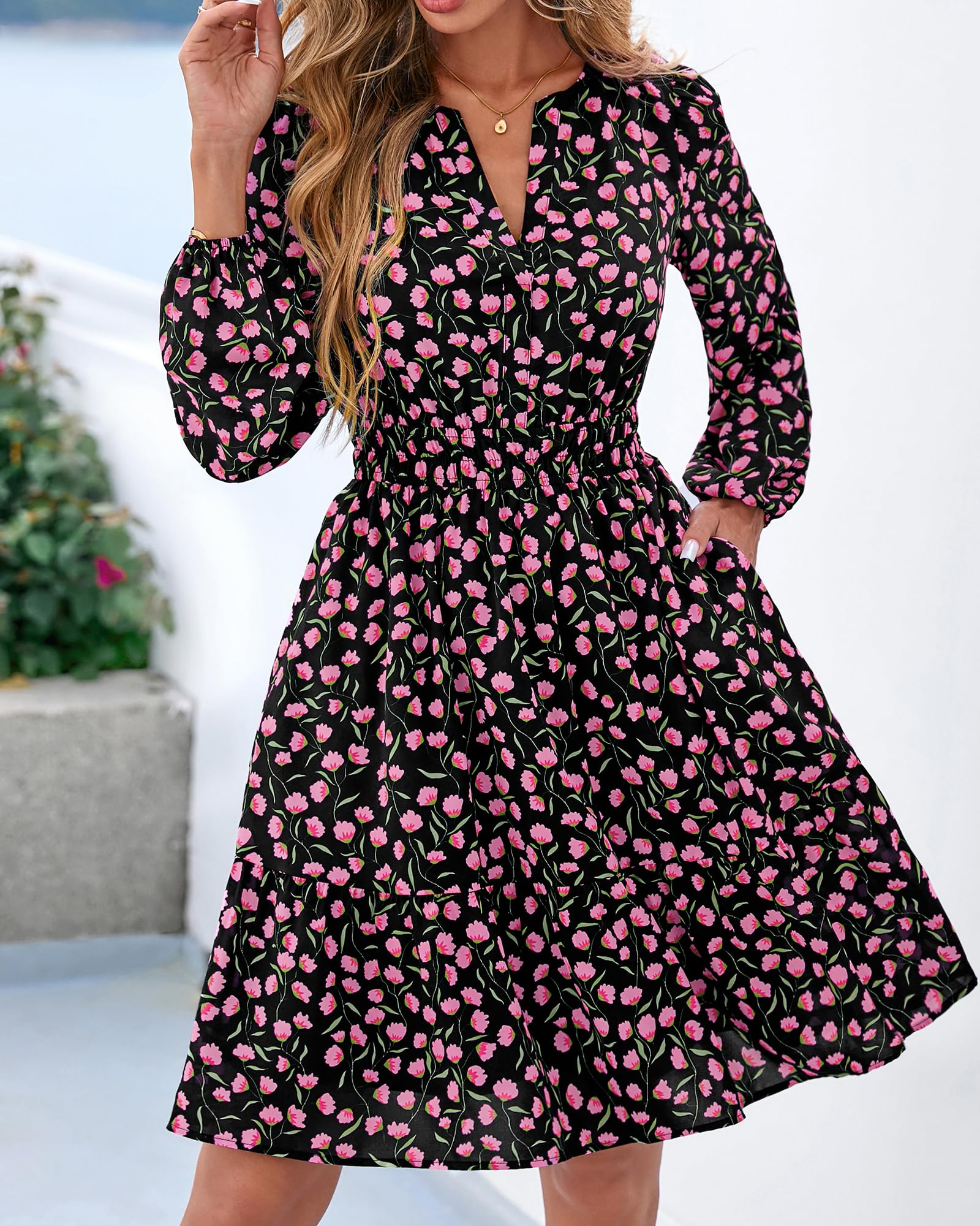 BTFBM Spring Dresses for Women Mini Long Sleeve Elastic Waist Summer Vacation Outfits Floral Wedding Guest Dress