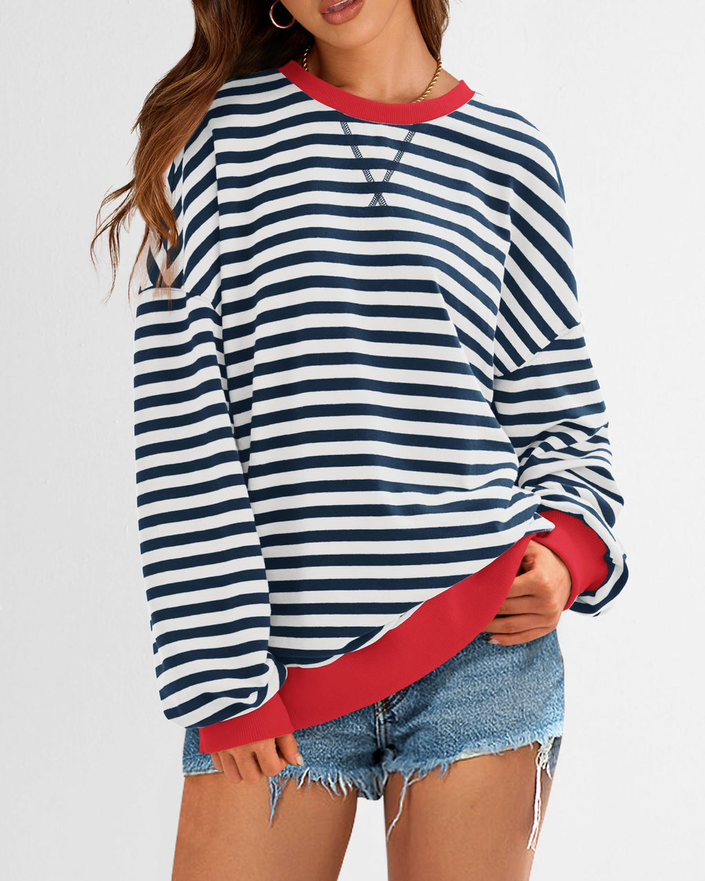 BTFBM Sweatshirt For Women Summer Crewneck Long Sleeve Oversized Striped Pullover Tops Y2K Clothes Workout Shirt