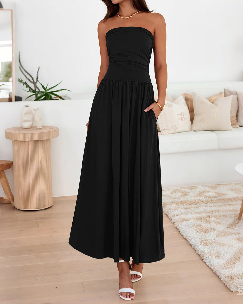 BTFBM Summer Maxi Dresses for Women Strapless Ruched Tube Top Beach Vacation Spring Wedding Guest Dress Pockets