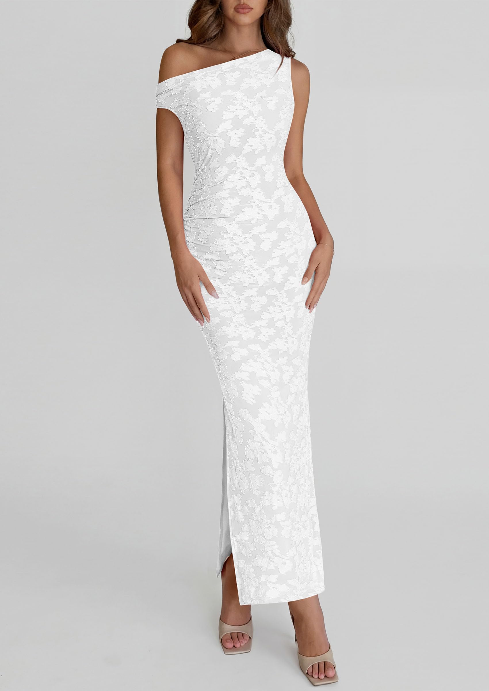 PRETTYGARDEN Womens Floral One Shoulder Maxi Dress Summer Spring Bodycon Ruched Side Slit Elegant Cocktail Party Dresses