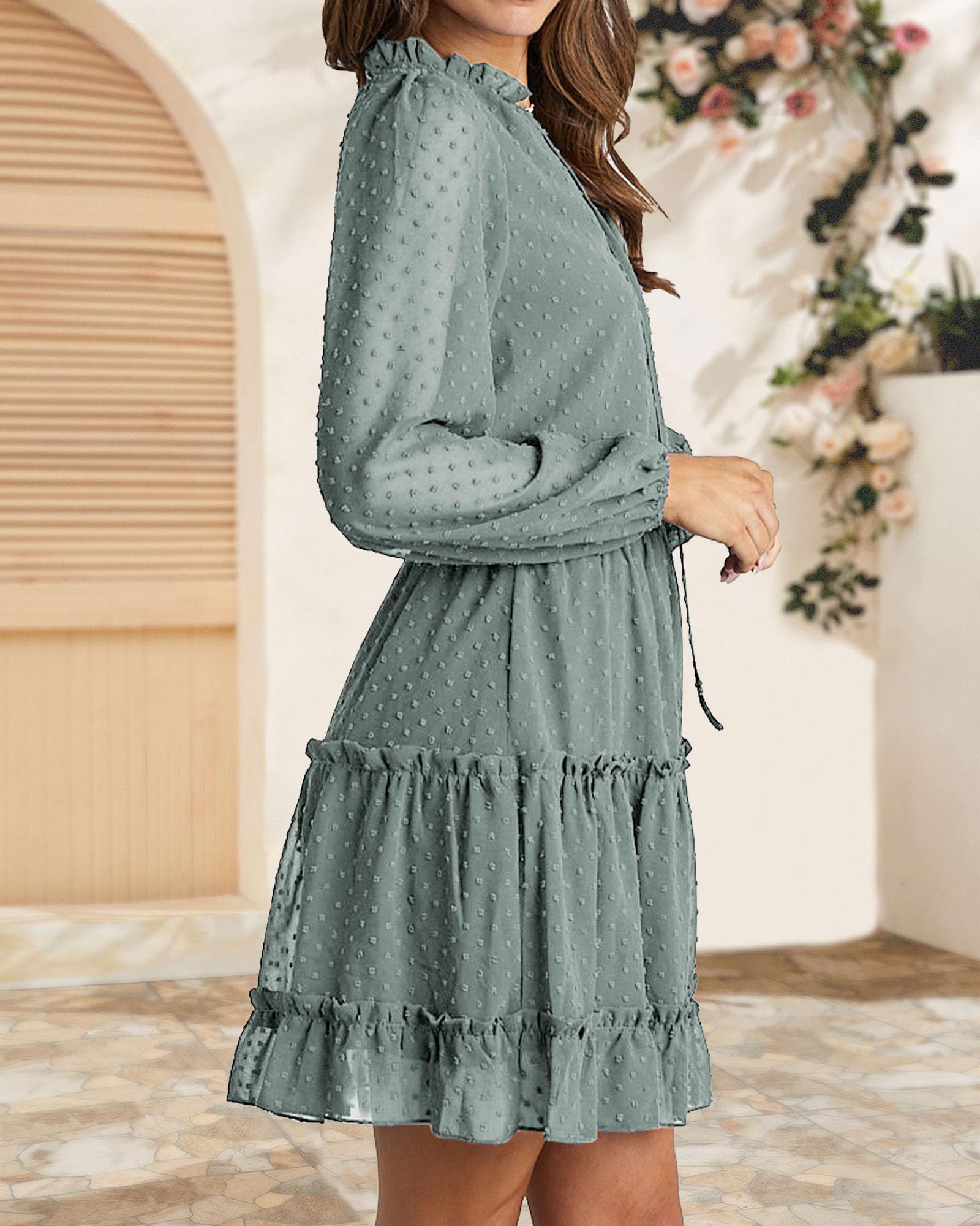 FreshPretty Long Sleeve Fall Dresses for Women Summer Casual Tie Neck Ruffle Tiered A Line Wedding Guest Short Mini Dress