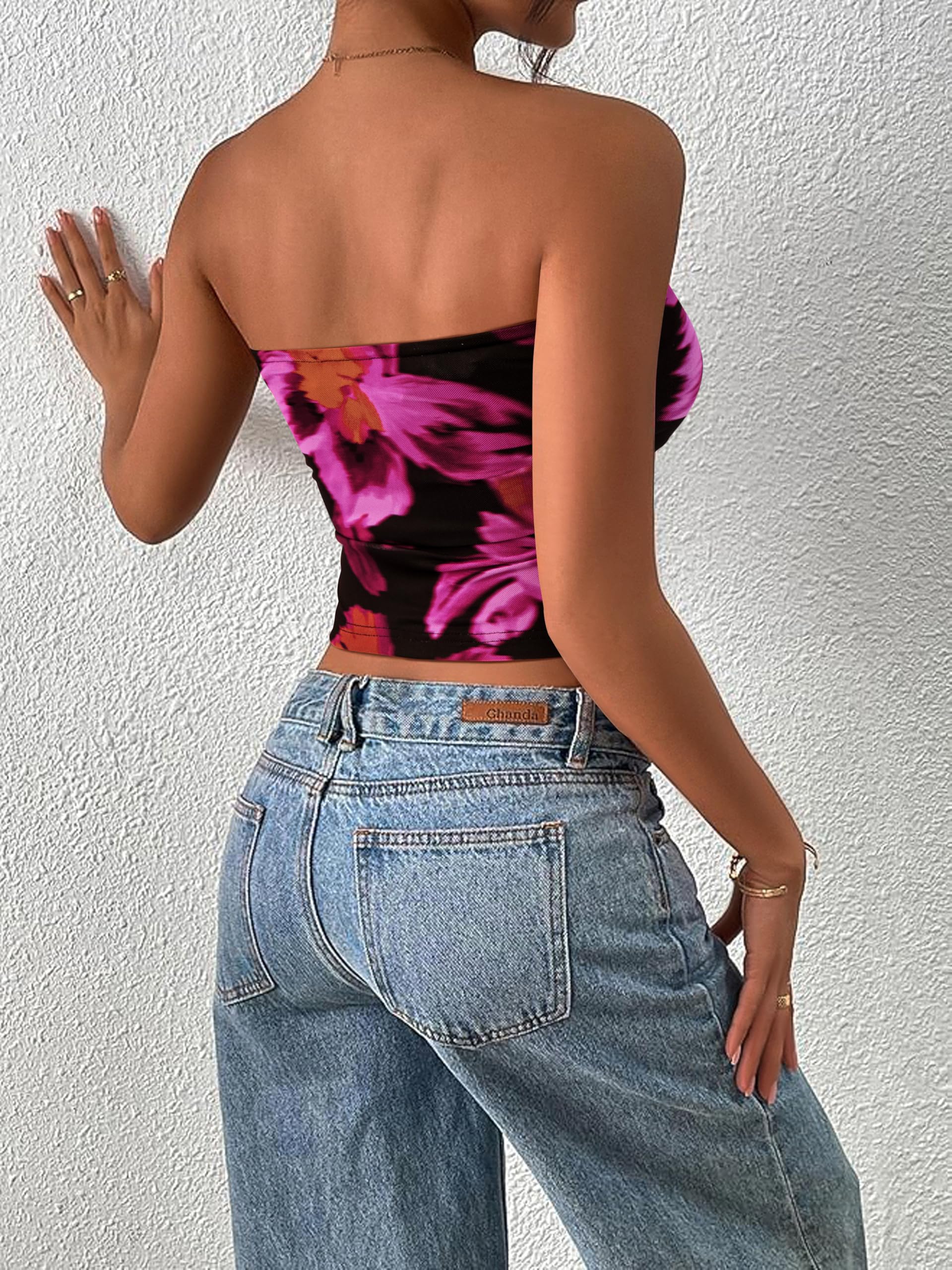 FreshPretty Womens Fashion Summer Floral Mesh Tube Top Ruched Going Out Bandeau Sleeveless Strapless Crop Tops Y2k Clothes