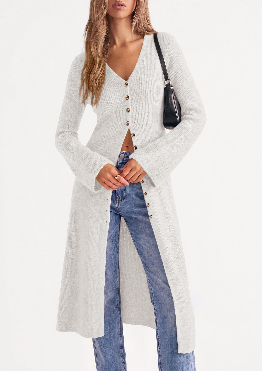 PRETTYGARDEN Women Long Cardigan Bell Sleeve Sweater Dress Early Fall Fashion, V Neck Button Down Coats, Fit and Flare, Duster Sweater, Acrylic Cotton Blend