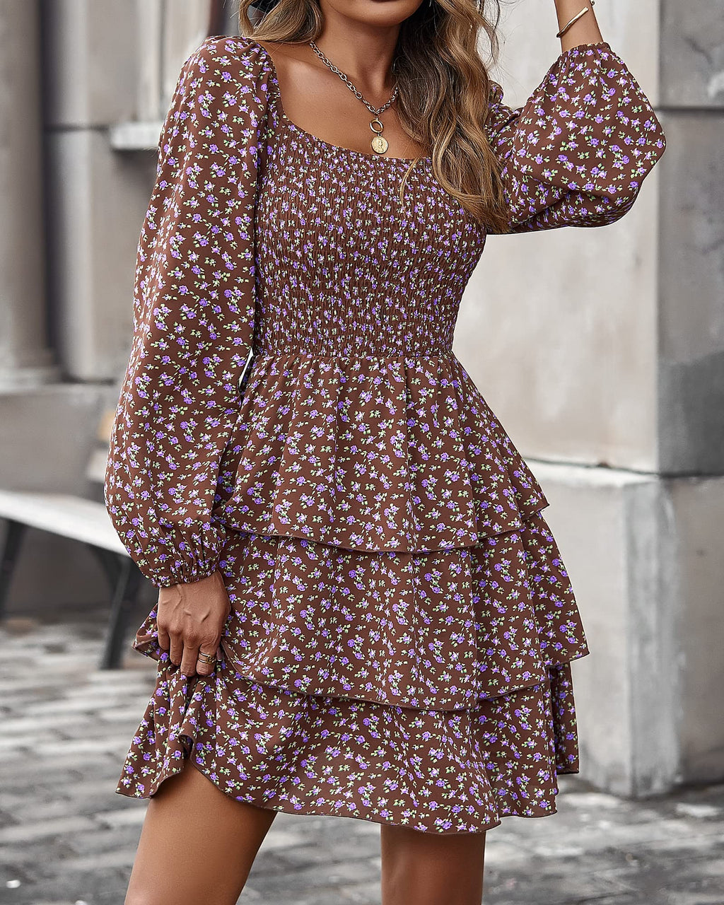 BTFBM Womens Long Sleeve Dress Summer Vacation Square Neck Smocked Floral Mini Boho Spring Wedding Guest Dresses
