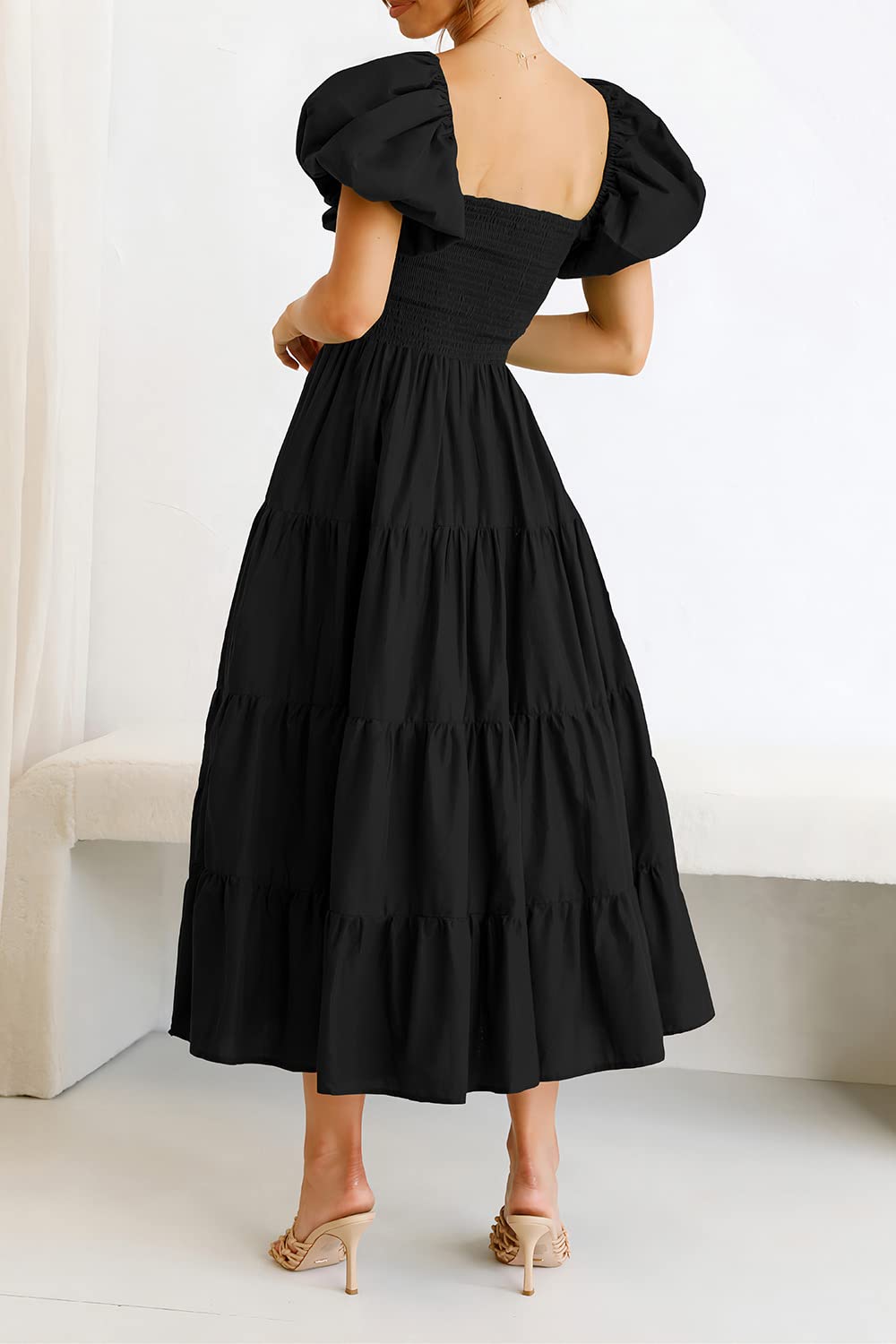 PRETTYGARDEN Women's Casual Summer Midi Dress Puffy Short Sleeve Square Neck Smocked Tiered Ruffle Dresses