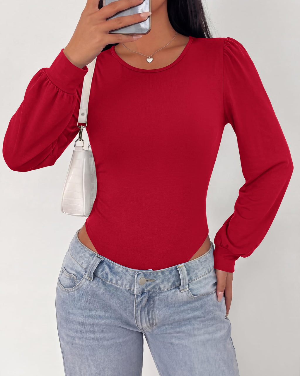 BTFBM Long Puff Sleeve Bodysuits for Women | Crew Neck 2 Snap Crotch Thong Shapewear,Stretchy Knit Leotards,Casual Y2K Going Out Tops,Winter Layer,Fall Fashion Clothing