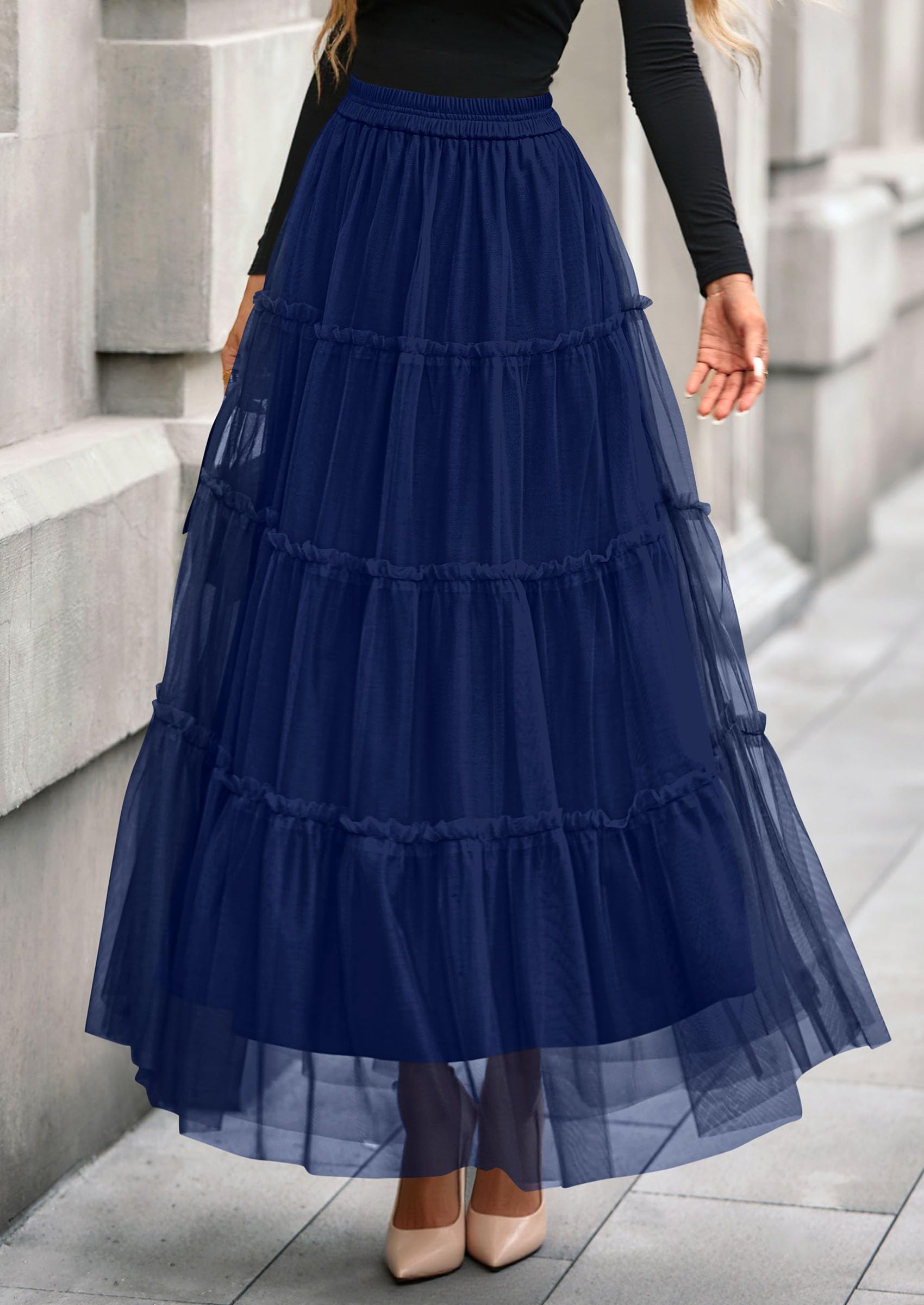 PRETTYGARDEN Tulle Skirts for Women Fall Fashion Elastic High Waisted Fairy Tiered Flowy A-Line Casual Maxi Long Skirt