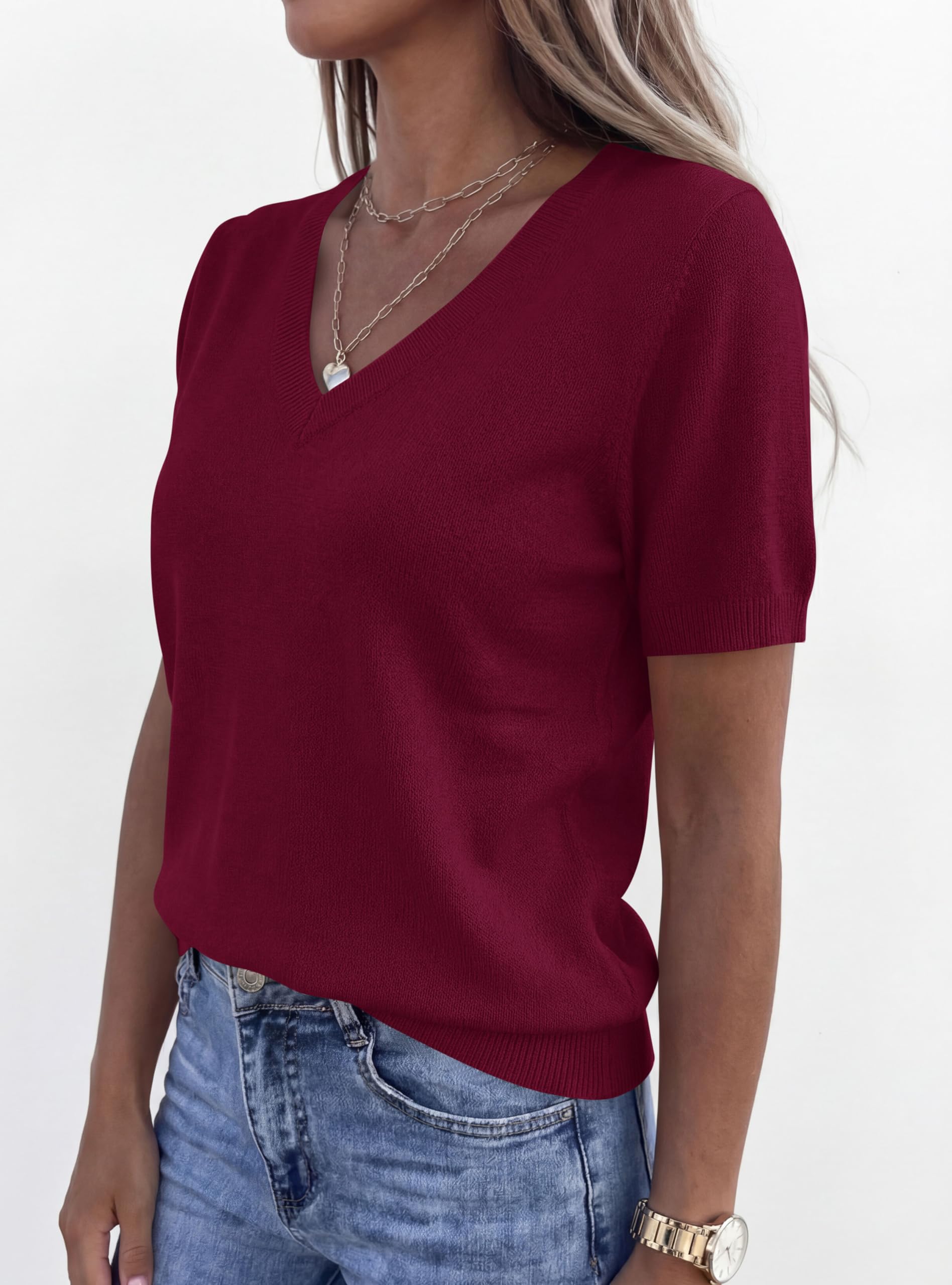PRETTYGARDEN Womens Short Sleeve Sweater V Neck Trendy Pullover Tops Summer Spring Loose Lightweight Casual Blouse