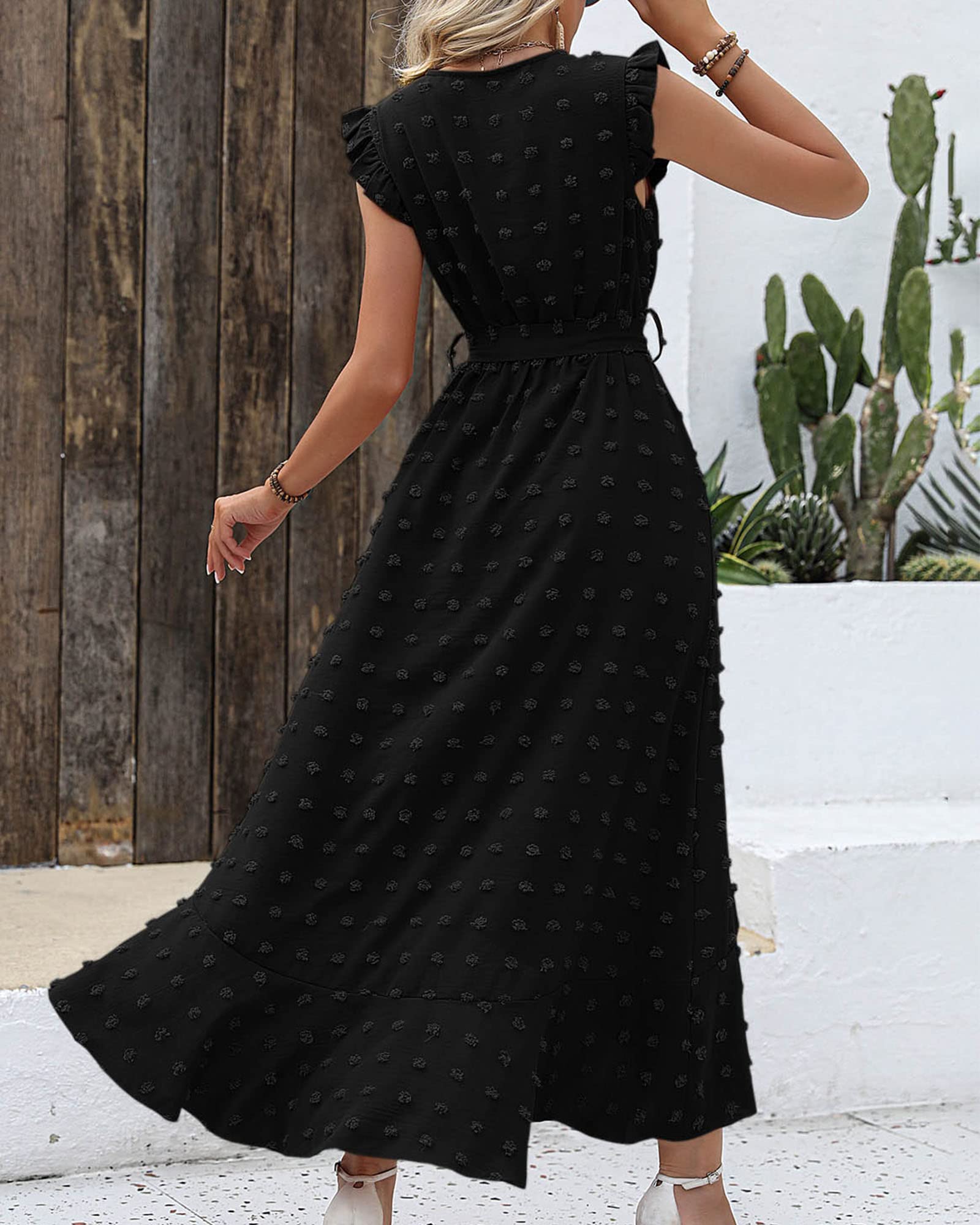 FreshPretty Women V Neck Summer Dress Cap Sleeve Swiss Dot Boho Flowy Ruffle Slit Beach Party Long Maxi Cocktail Dresses