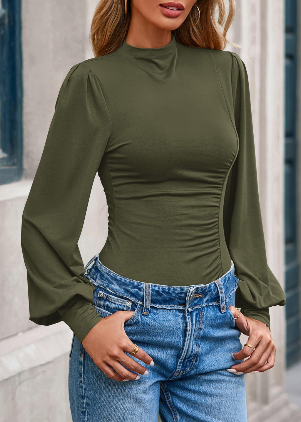 FreshPretty Blouses for Women Dressy Casual Spring Tops Fall Puff Long Sleeve Shirts Fitted Mock Neck Ruched Trendy Tops