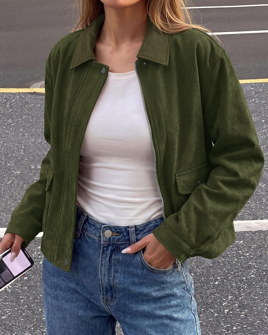BTFBM Faux Suede Jacket Women Leather Lapel Zip Up Fall Outfits Button Down Long Sleeve Outerwear With Flap Pockets, Early Winter Coats, Motorcycle Jackets, Western Country Concert Outfits