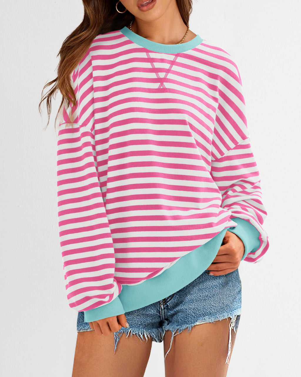 BTFBM Sweatshirt For Women Summer Crewneck Long Sleeve Oversized Striped Pullover Tops Y2K Clothes Workout Shirt