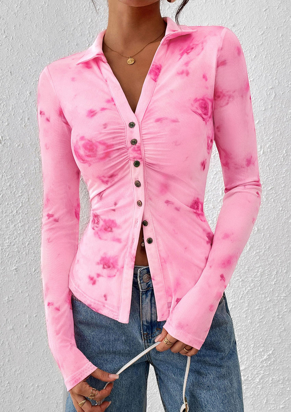 PRETTYGARDEN Women Button Down Floral Shirts Fall Trendy Long Sleeve V Neck Mesh Boho Blouse Spring Tops Date Outfits