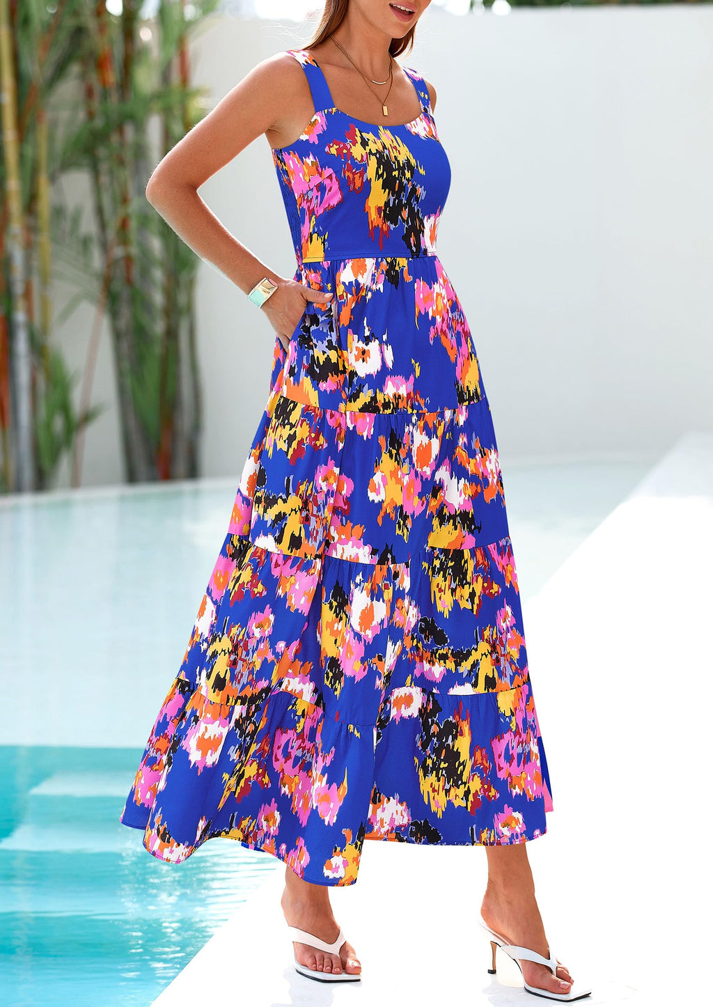 PRETTYGARDEN Women's Summer Floral Maxi Dress Sleeveless Smocked Ruffle Long Flowy Beach Vacation Boho Sundresses