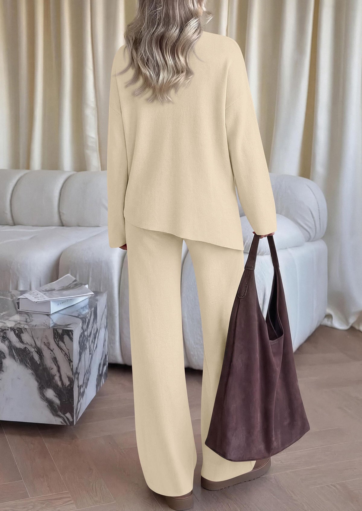 PRETTYGARDEN Womens Fall 2 Piece Asymmetric Cozy Sweater Travel Lounge Sets Crewneck Drop Shoulder Tops, Wide Leg Pants, Soft Casual Knit Matching Set,Vacation Airport Holiday Outfits