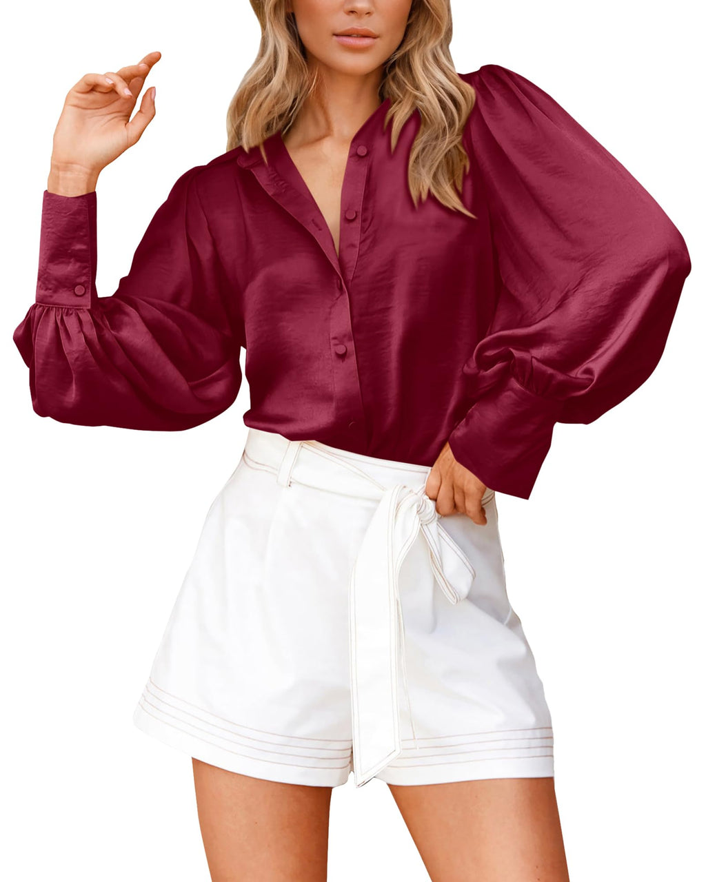 BTFBM Women Satin Blouses Summer Fall Clothes Button Down Lantern Long Sleeve Shirts Work Business Casual Dressy Tops