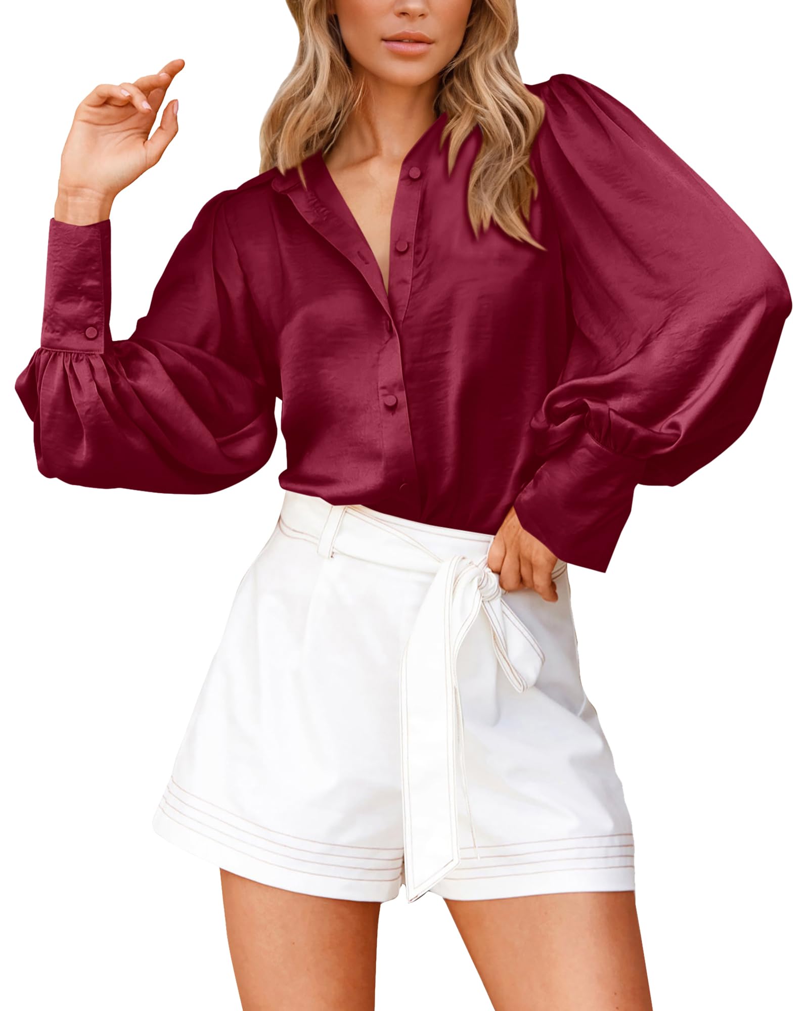 BTFBM Women Satin Blouses Summer Fall Clothes Button Down Lantern Long Sleeve Shirts Work Business Casual Dressy Tops