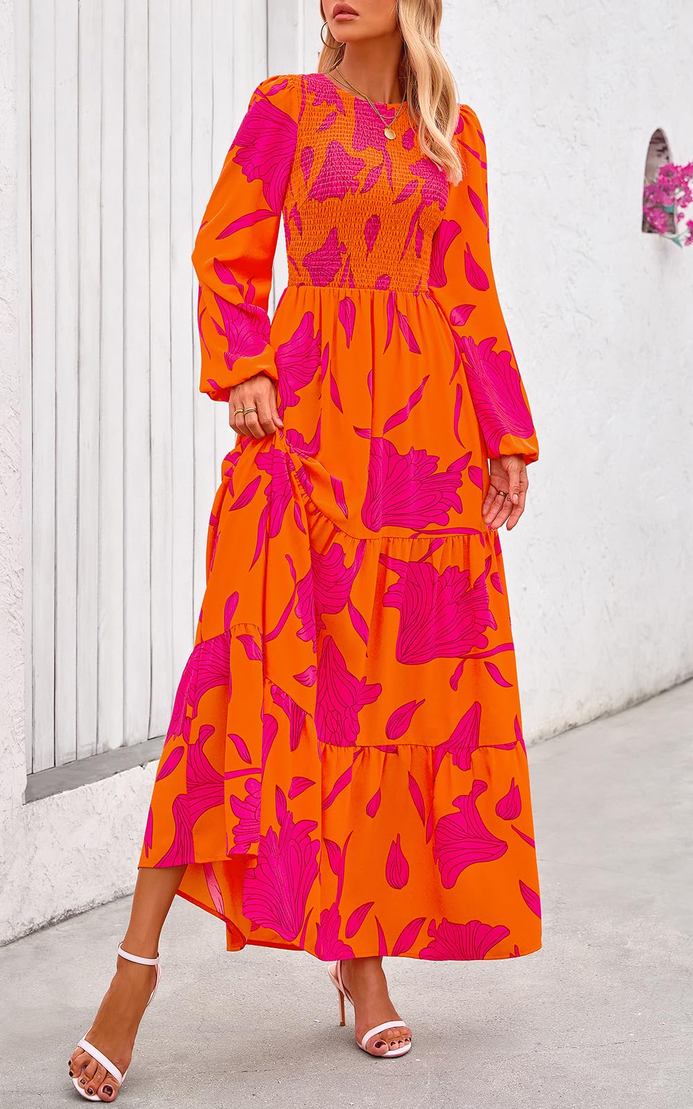 PRETTYGARDEN Women's Fall Dresses Long Sleeve Flowy Casual Floral Maxi Dress Crew Neck Smocked Tiered Long Dress