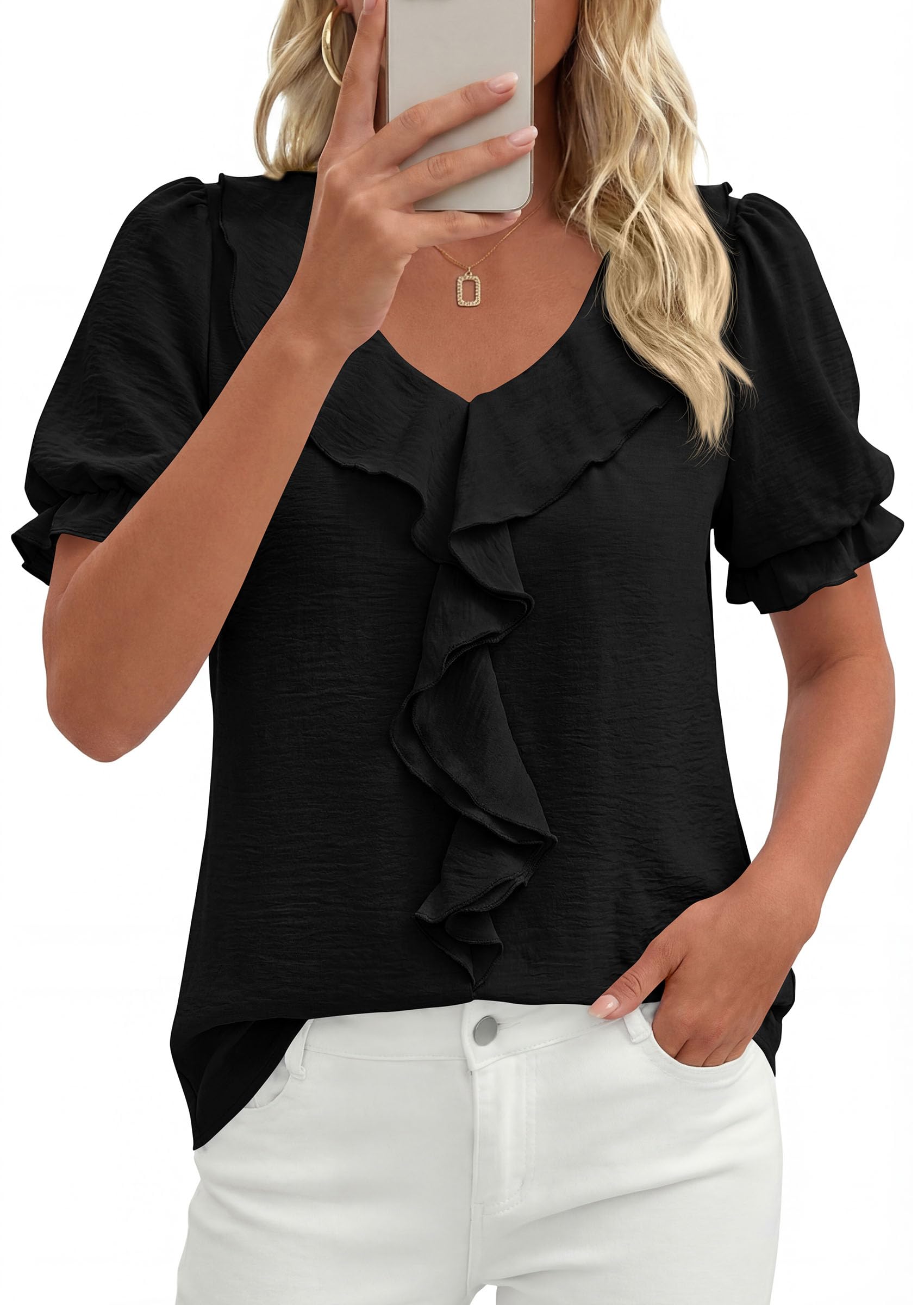 PRETTYGARDEN Women's Summer Dressy Casual Blouses Short Sleeve V Neck Ruffle Business Work Tops Trendy Spring Outfits