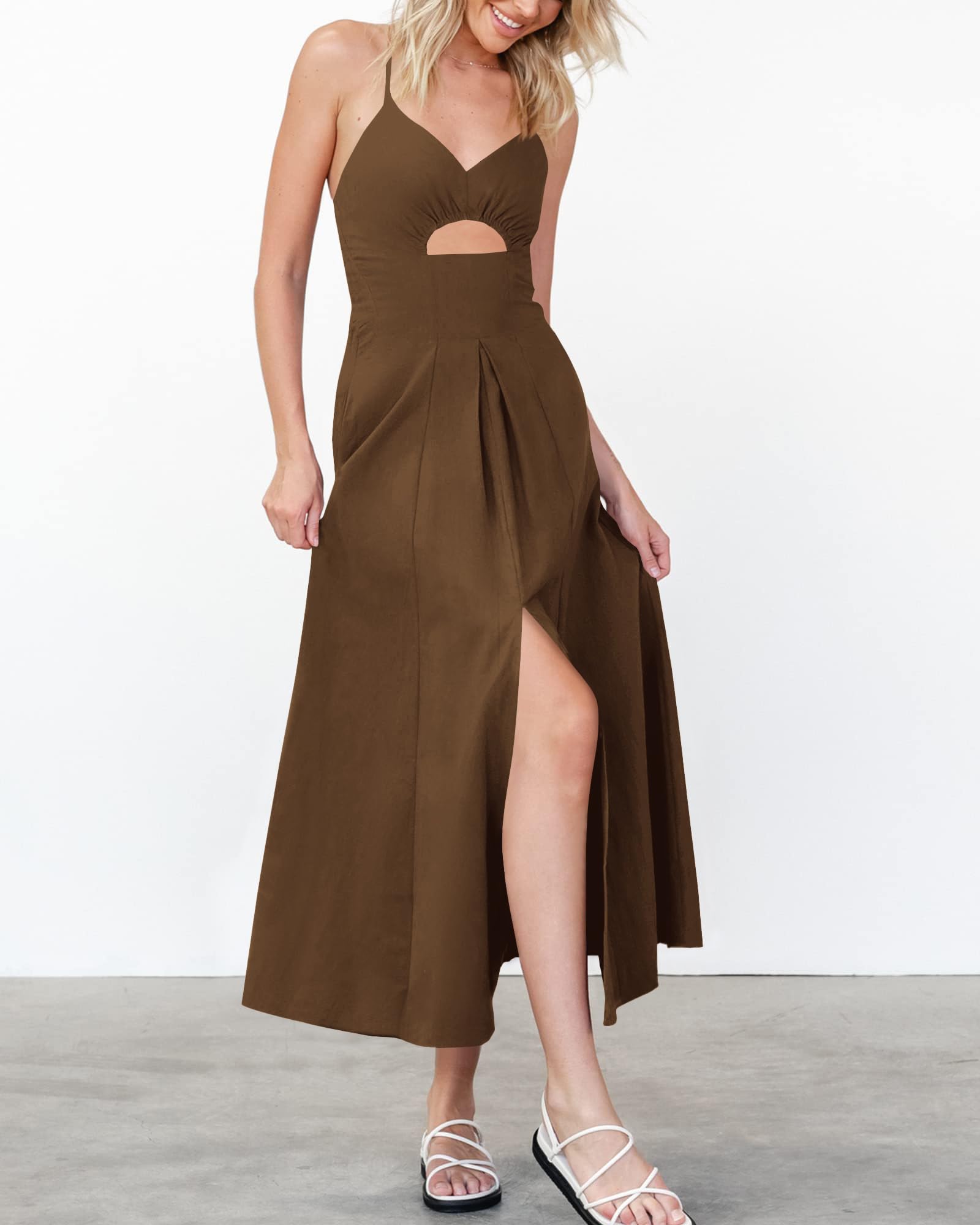 BTFBM Women Spaghetti Strap Midi Summer Dresses Sleeveless V Neck Cutout Slit Casual Beach Party Maxi Dress Pockets