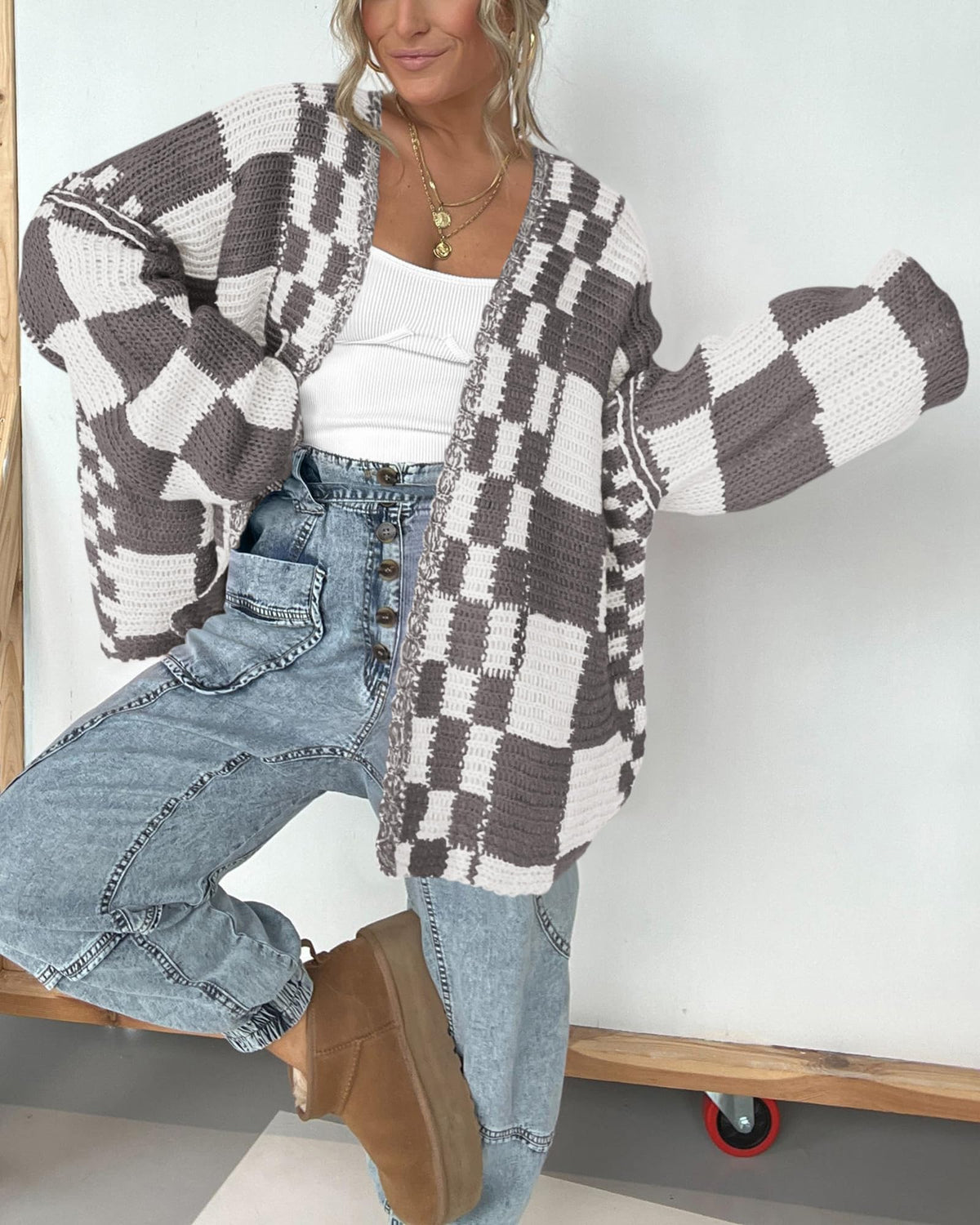 BTFBM Casual Cardigan Sweater for Women Fall Long Sleeve Sweaters Fall Outfits, Loose Fit,Solid,Open Front Chunky Knit Sweaters,Chunky Cardigan Sweaters For Women,Checkered Outwear Coat