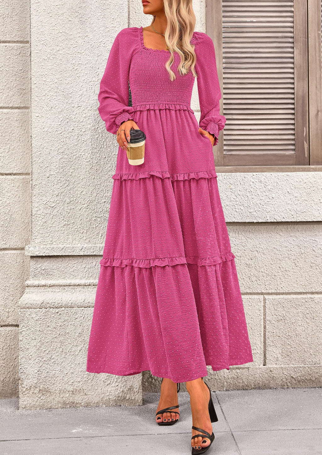 PRETTYGARDEN Fall Dresses for Women Long Sleeve Smocked Square Neck Swiss Dot Tiered Flowy Wedding Guest Maxi Dress