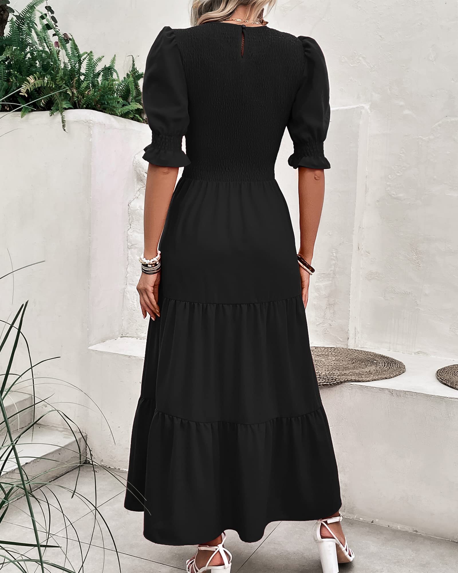 FreshPretty Women Casual Summer Dresses Spring Crew Neck Ruffle Short Sleeve Floral Print Smocked Boho Flowy Maxi Dress