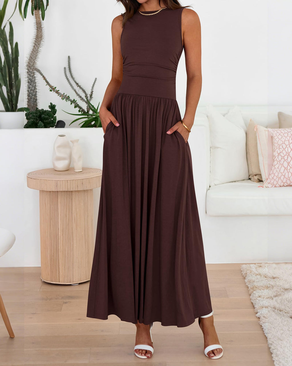 BTFBM Summer Maxi Dresses for Women Spring Sleeveless Casual Ruched High Waisted Long Sundress Flowy Beach Dress