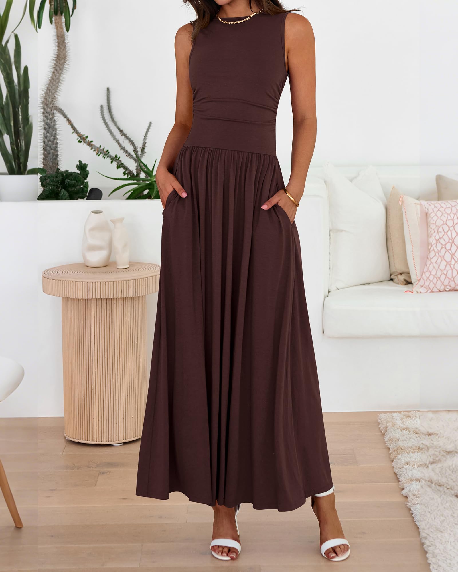 BTFBM Summer Maxi Dresses for Women Spring Sleeveless Casual Ruched High Waisted Long Sundress Flowy Beach Dress