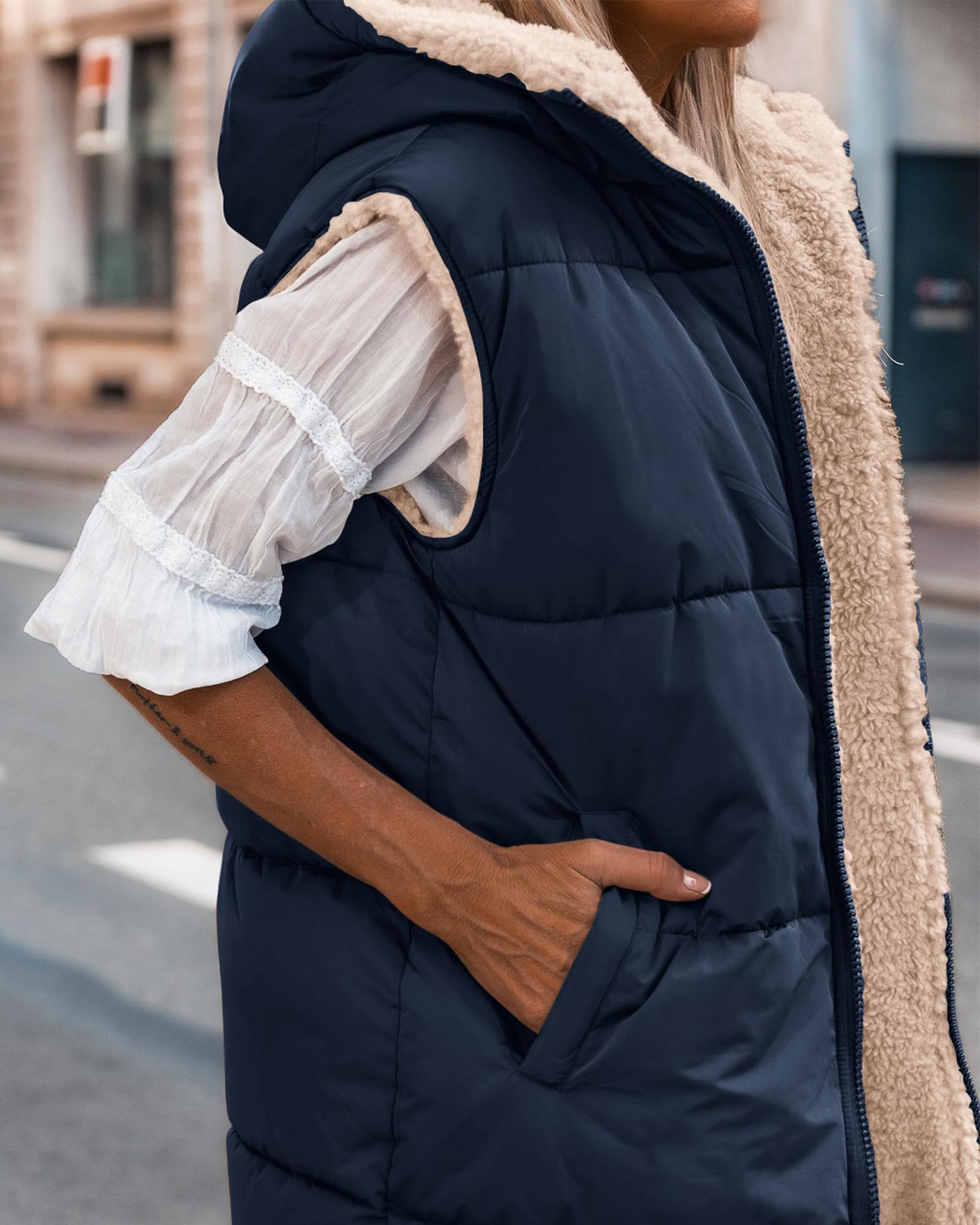 BTFBM Long Puffer Vest Women Fleece Sherpa Jacket Sleeveless Hooded Reversible Zip Up Winter Coat Fall Vests Outerwear