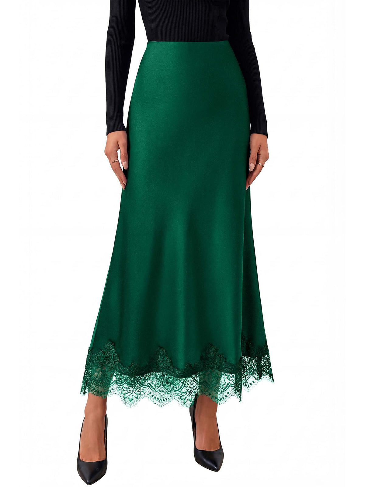 BTFBM Lace Trim Satin Skirts for Women Elegant | Lightweight, High Waist, A-Line, Flowy Maxi Skirt, Wedding, Cocktail, Graduation, Holiday Outfits, Fall Fashion Clothing