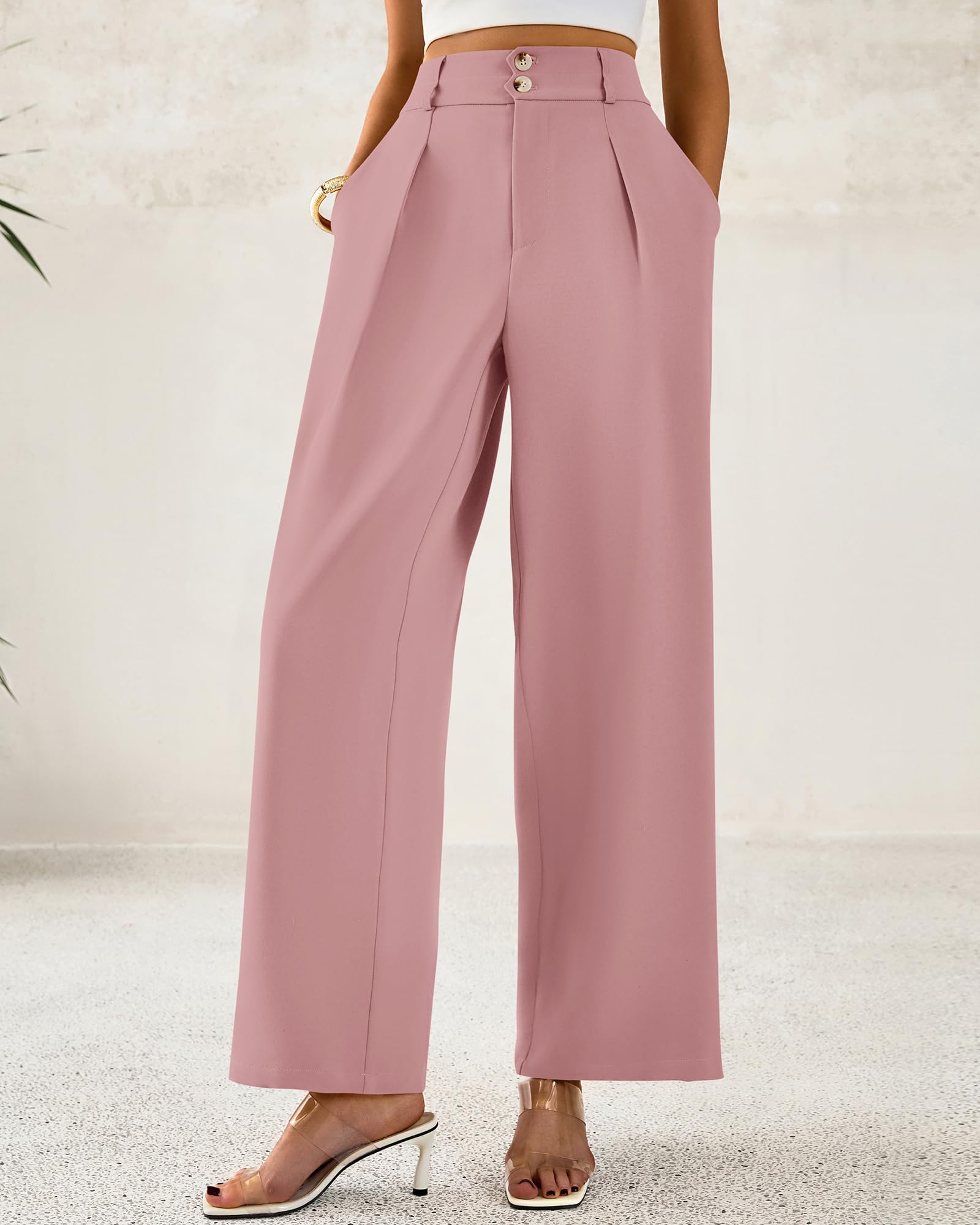 BTFBM Women Wide Leg Dress Pants High Waisted Button Pleated Business Casual Trousers Office Work Palazzo Pants
