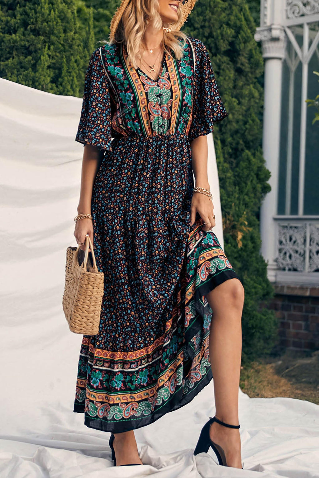 PRETTYGARDEN Women's Casual Summer Boho Floral Print Dress V Neck Short Sleeve High Waist Long Maxi Beach Dresses