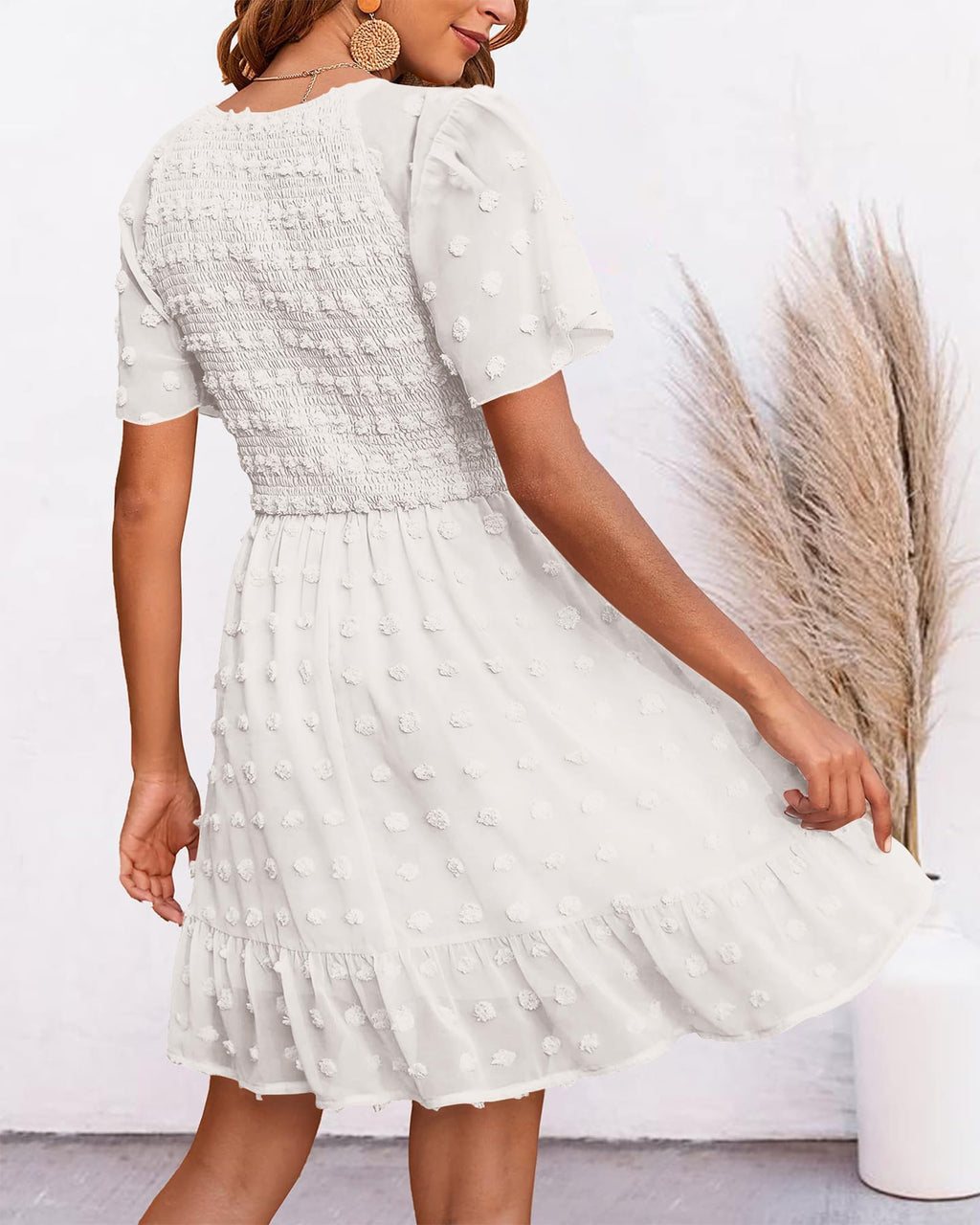 FreshPretty Womens Beach Vacation Dress Summer V Neck Short Sleeve Smocked Swiss Dot Cute Ruffle Casual Fall Mini Dresses