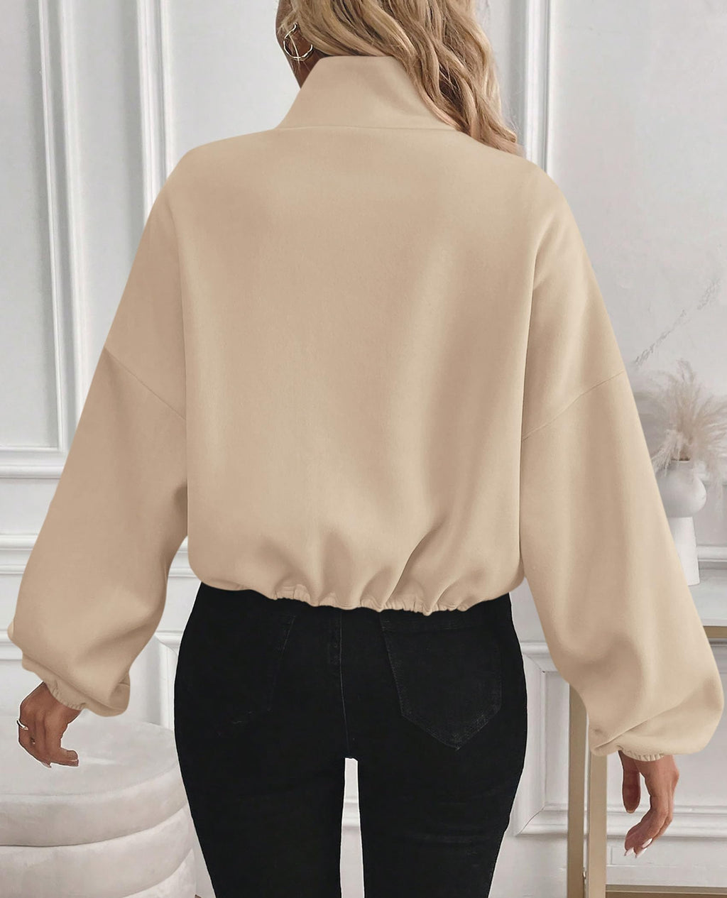 PRETTYGARDEN Womens Zip Up Fleece Cropped Sweatshirt Jacket Oversized Loose Soft Stand Collar with Drawstring Hem, Long Sleeve Casual Coat With Pockets, Fall Outfits Winter Clothing