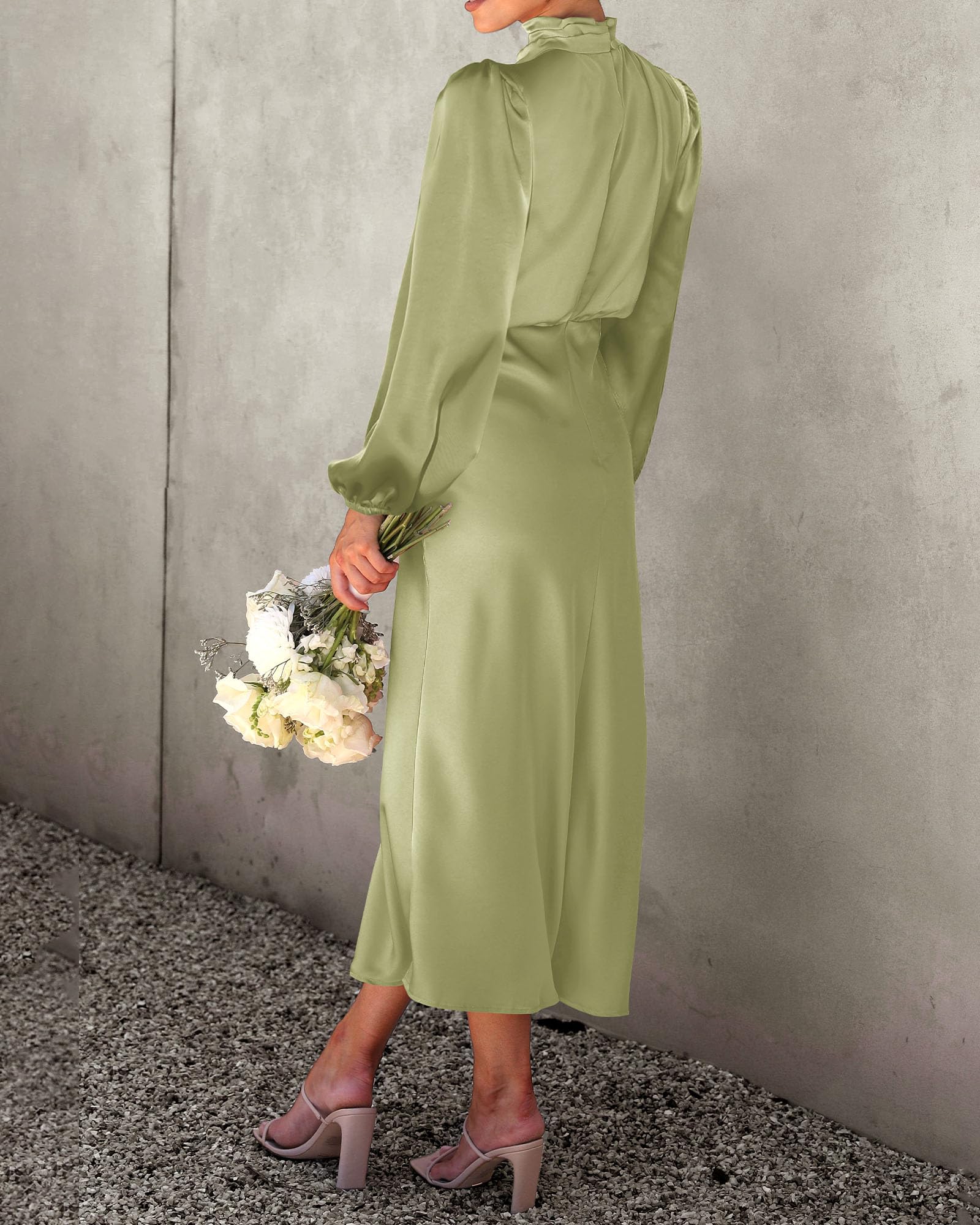 BTFBM Womens Mock Neck Satin Dress Spring Summer Long Sleeve Lightweight Formal Wedding Party Maxi Cocktail Dresses
